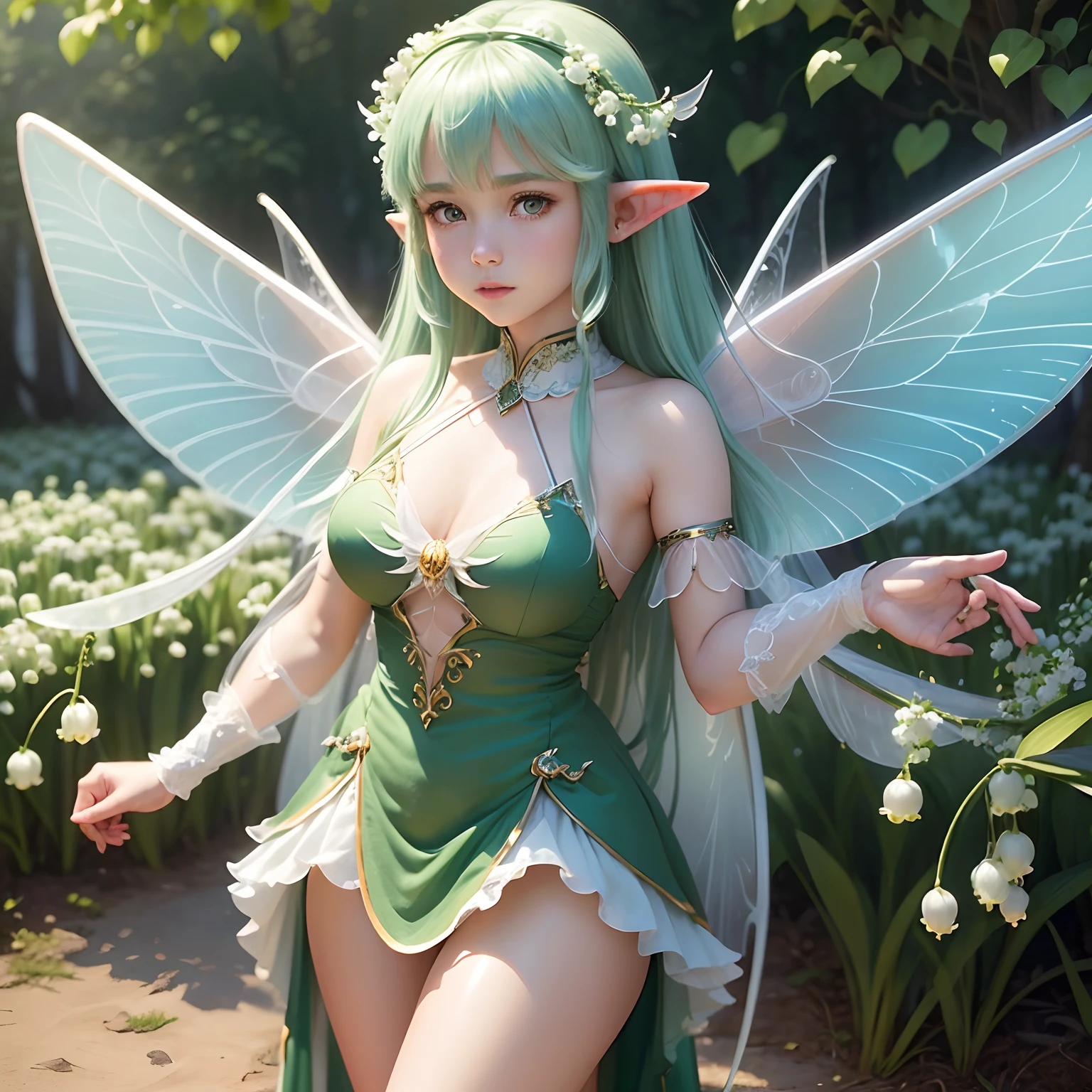 (Best Quality,Ultra-detailed,Realistic:1.37)、Lily of the valley fairy、An 18-year-old woman、独奏、Personification of lily of the valley、(Clear eyes:1.5)、Bewitching look、Lily of the valley hair、Lily of the valley hair ornament、Pointed ears like elves、(Fairy with wings:1.5)、(Flashy clothes with lily of the valley motif:1.5、Emphasis on the characteristics of lily of the valley)、lily-of-the-valley field、Full body