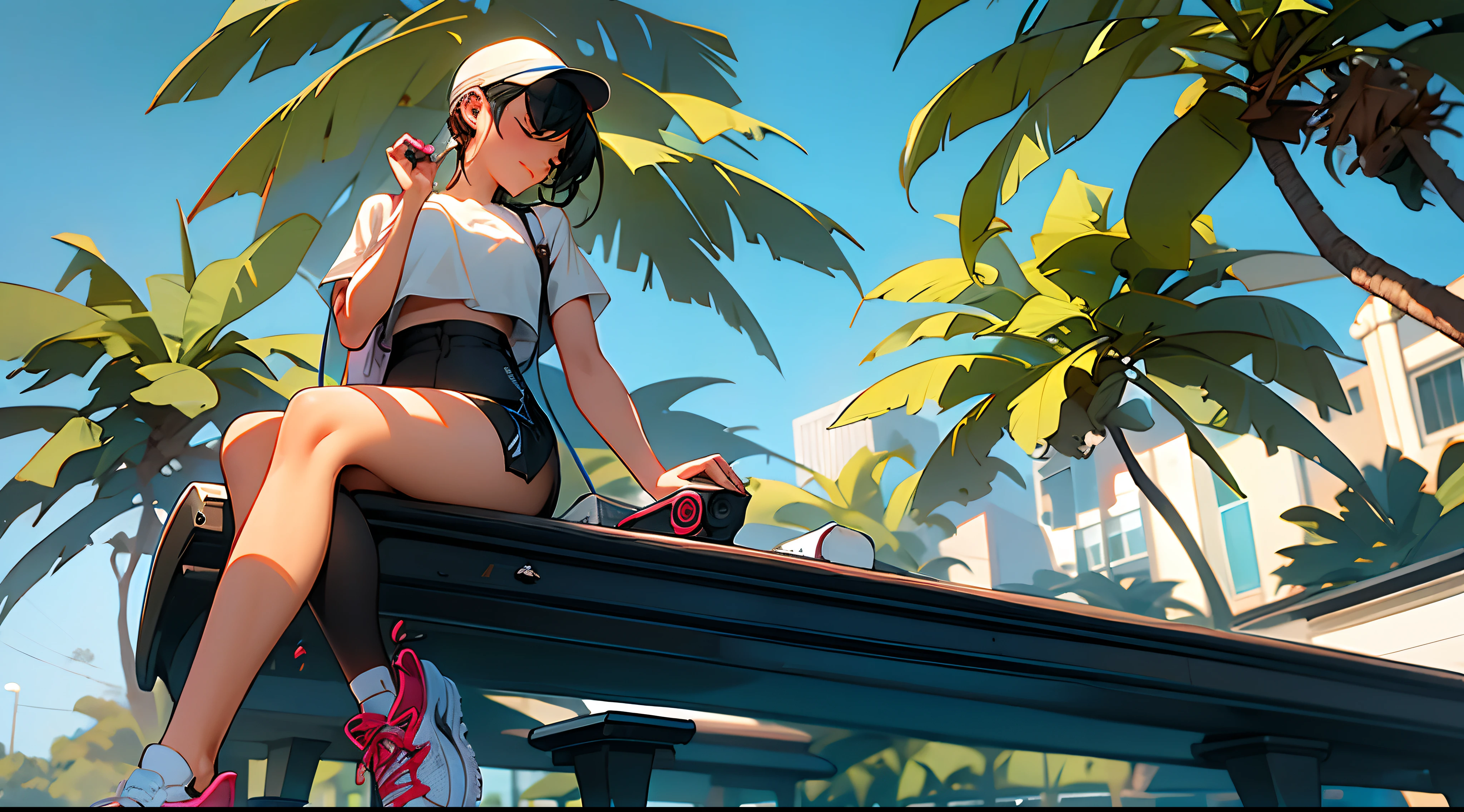 One girl wearing trainers, enjoying a walk while listening to music, relaxed image, September,