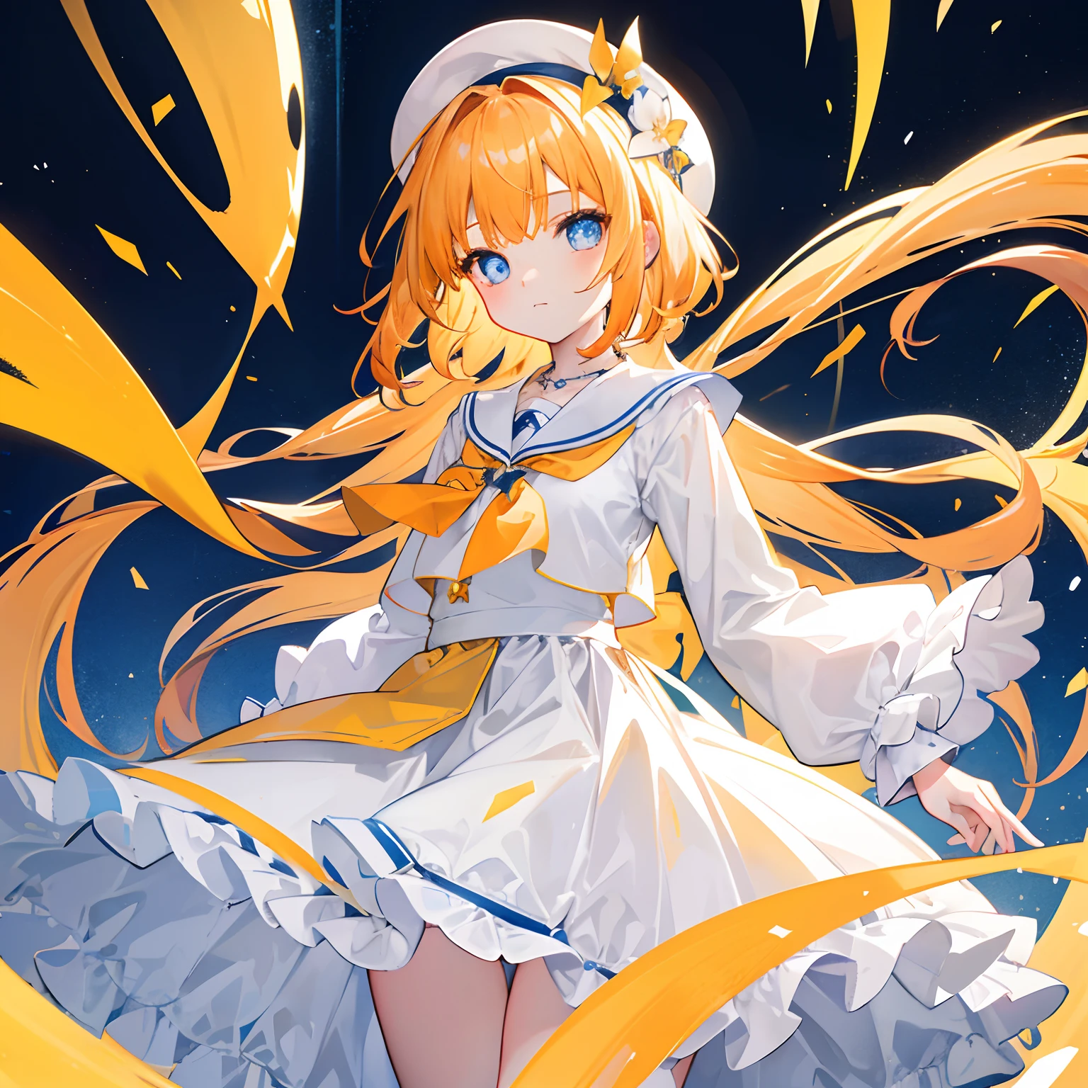 A light orange-yellow color with glowing hair and pupils，Blue and white school uniforms，With a silver crystal pendant，Sweet loli girl，The whole is shining