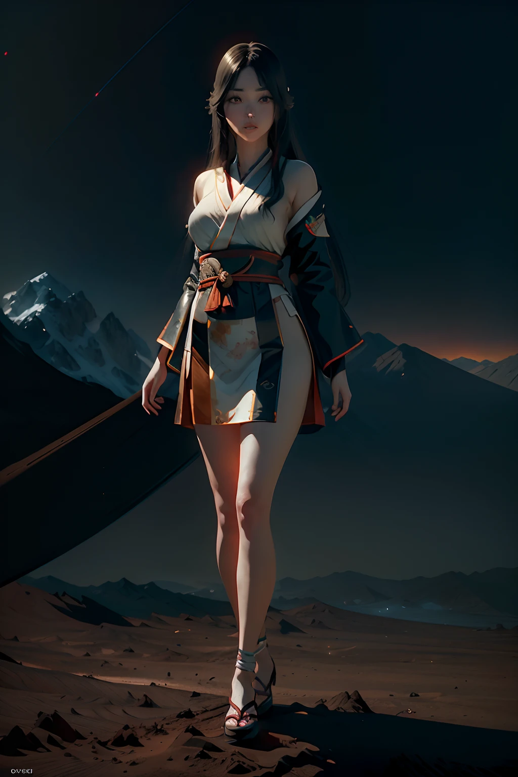prompt: beautiful young Japanese woman, standing on Mount Olympus-Mons on Mars, detailed eyes, detailed lips, detailed face, long eyelashes, flowing black hair, traditional kimono, elegant full body posture, breathtaking view, Martian atmosphere, vibrant colors, beautiful lighting, realistic depiction, oil painting style, high resolution, 4k image, crisp details, vivid colors, fine brushstrokes, delicate textures, ethereal beauty.