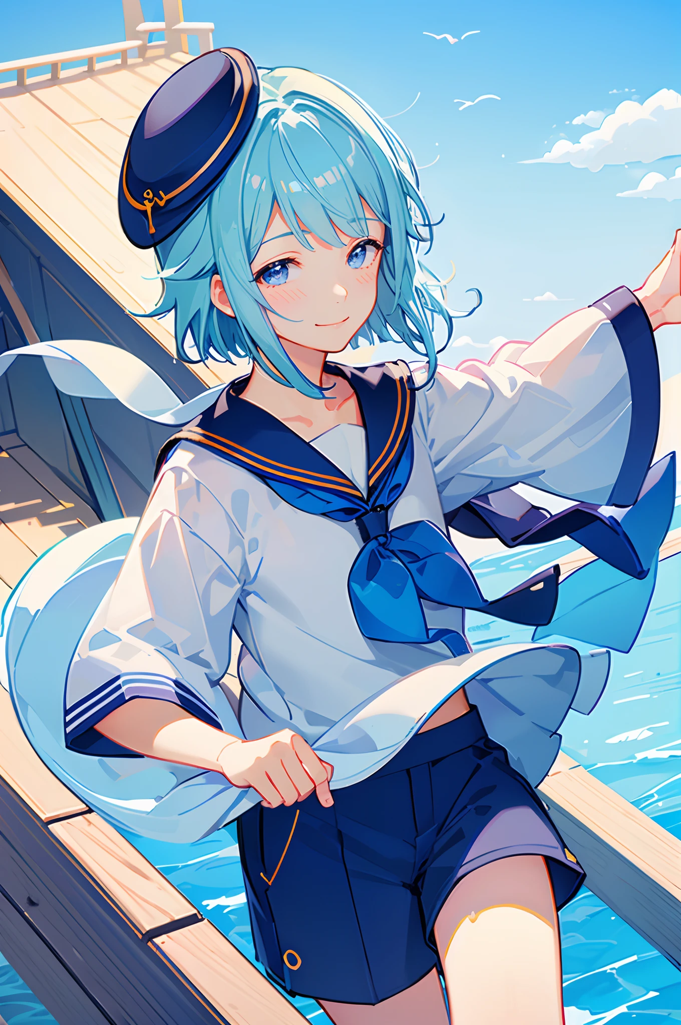 Hajime Shino, solo, blush, smile, blue eyes, 1boy, blue hat, blue hair, male focus, shorts, sailor collar, sailor hat, sailor, cowboy shot