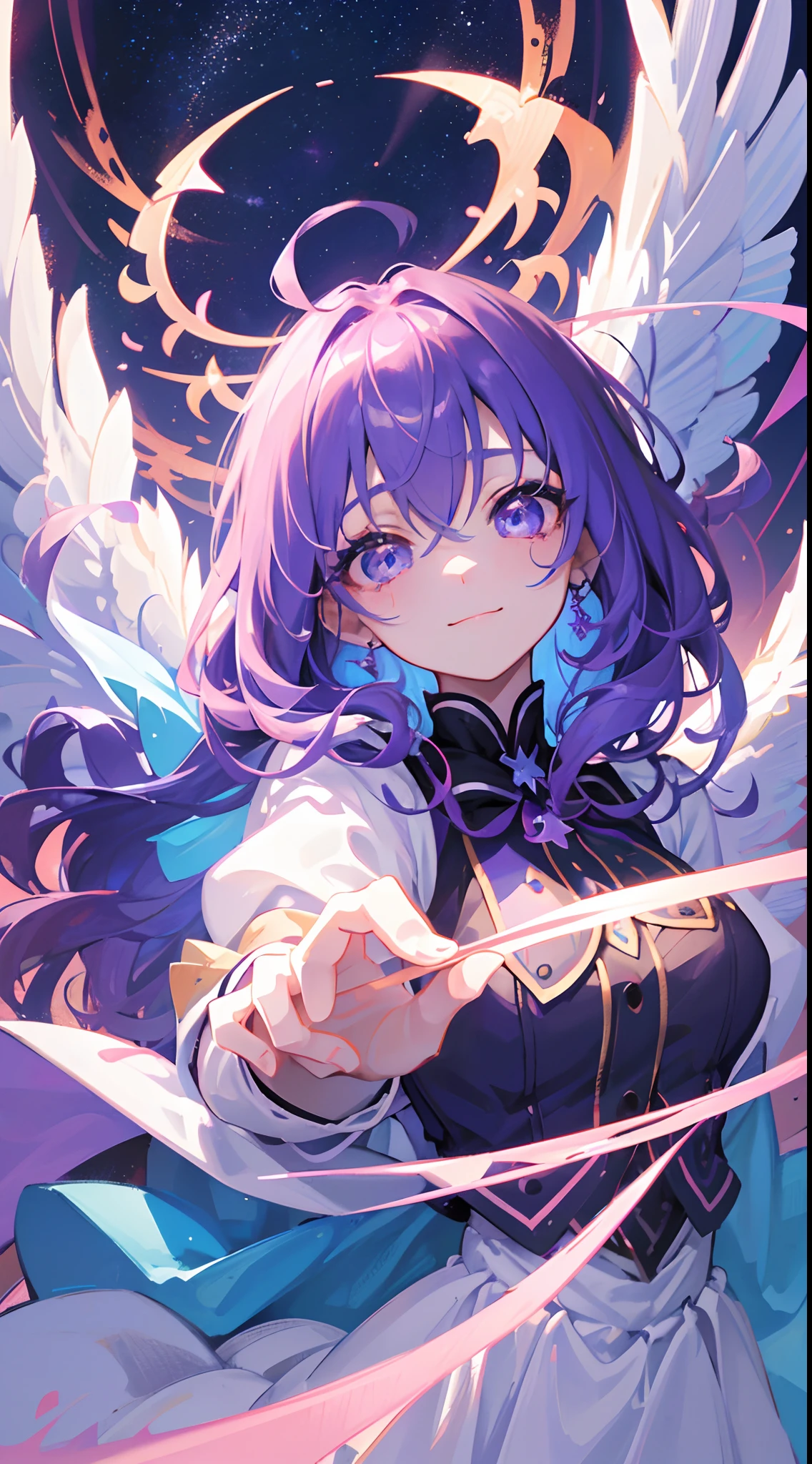masutepiece, Best Quality,Illustration, Wallpaper, ultra -detail, Absurd beauty, 1beautiful girl、Light purple hair、Glitter and big eyes、Hair fluttering in the wind、♡、Smaller head、Autumn landscape、miscievous smile、Angle looking up from below、blue eyess、waved hair、Medium Hair