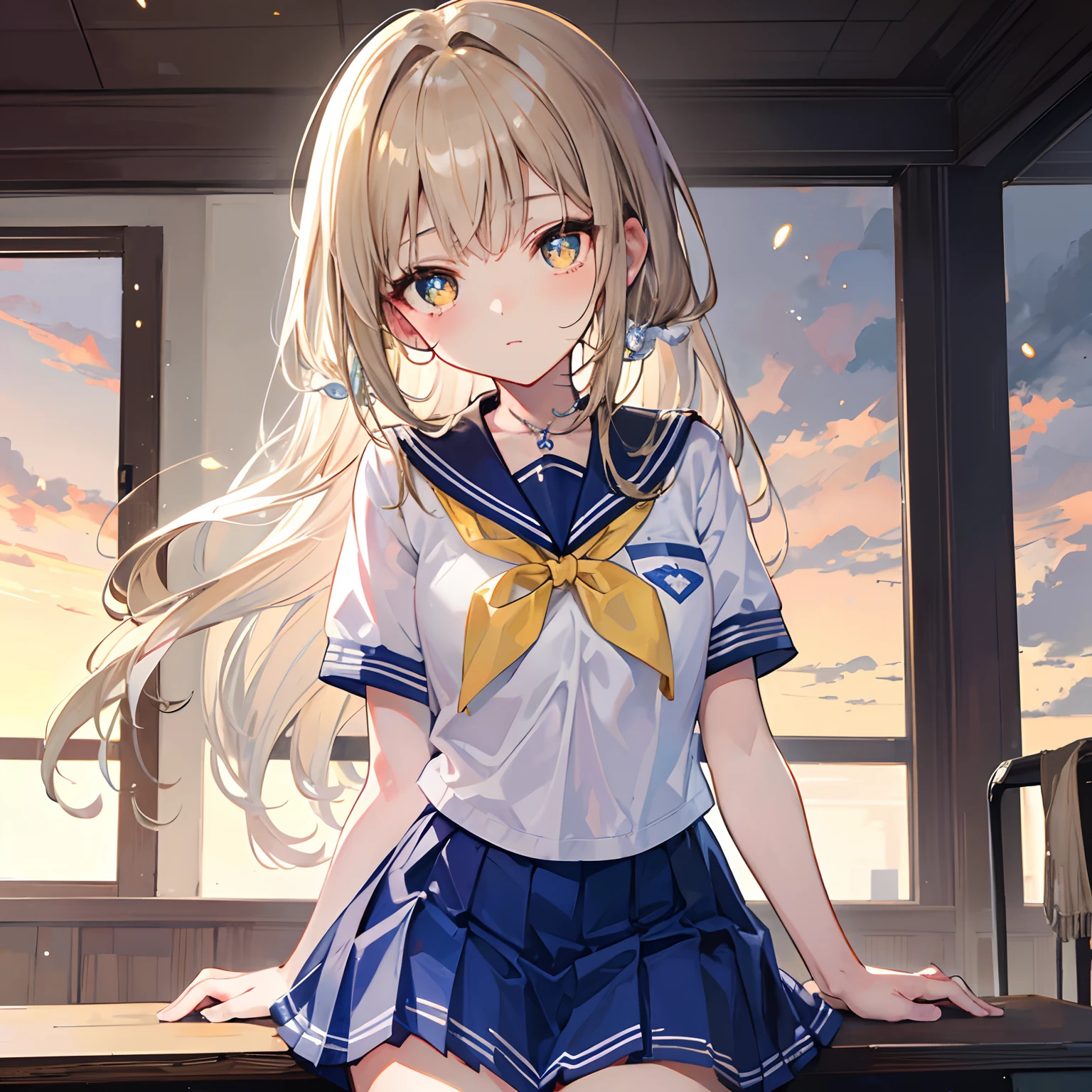 Glowing light brownish yellow with hair and pupils，Blue and white school uniforms，With a silver crystal pendant，Sweet  girl，The whole is shining