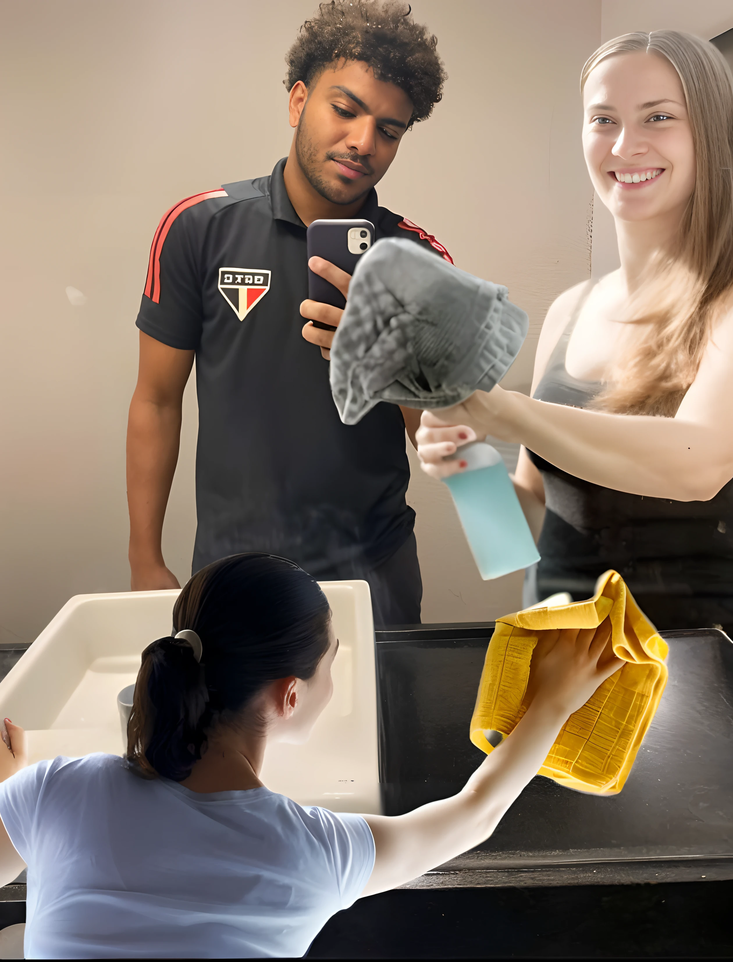 There's a woman holding a stuffed animal and a man cleaning a sink, imagem limpa, limpo, profissional, belos arredores, Carregado, trabalho profissional, Directed by: Nandor Soldier, limpar detalhado, description, Futuro da limpeza 8k, 8 k limpeza futuro, sao paulo, In the background, imagem mais limpa, profissionalmente, Directed by: David Ruby, clean post process