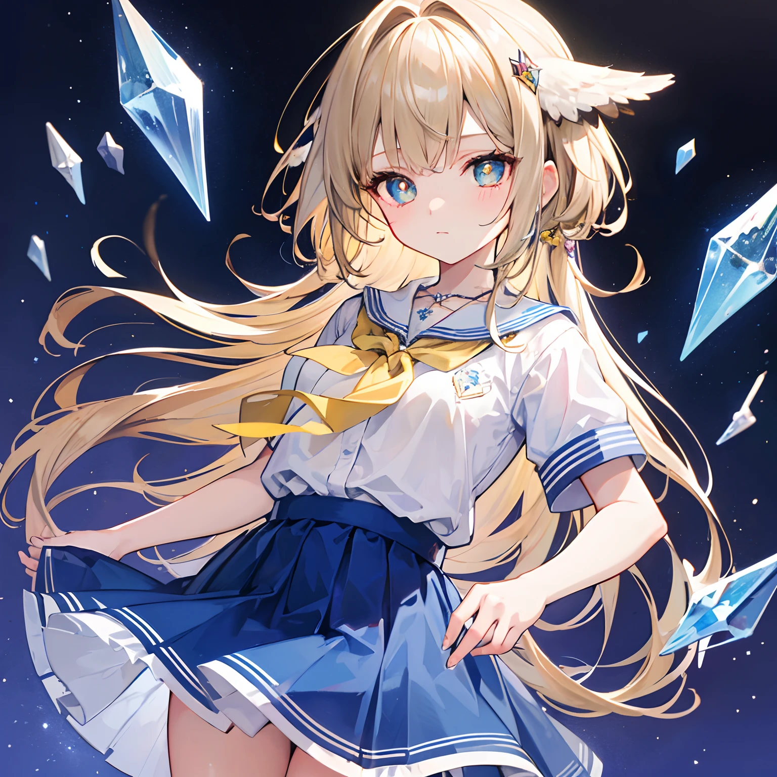 Glowing light brownish yellow with hair and pupils,Blue and white school uniforms,With a silver crystal pendant,Sweet loli girl,The whole is shining
