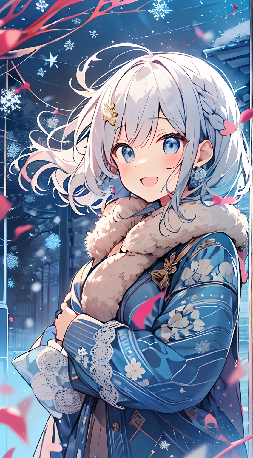 masutepiece, Best Quality,Illustration, Wallpaper, ultra -detail, Absurd beauty, 1beautiful girl、Bright hair color、Glitter and big eyes、Hair fluttering in the wind、ample breasts、♡、Smaller head、Winter scene、miscievous smile、bustup