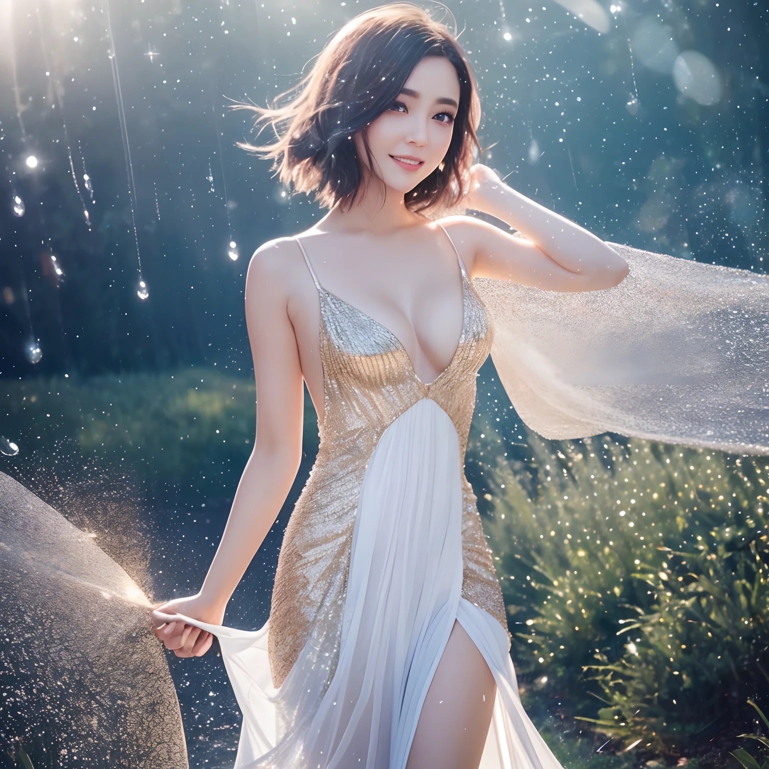 solo, finest image, sexy beautiful woman, happy, shy, amorous expression, lewd expression, ecstasy, orgasm, white glossy wavy iridescent short hair, blue sparkling big eyes, great proportion, pure white long dress with gold embroidery, background meadow on the hill, clear skies, sun and sunlight, rain and raindrops, petals, scatter white red gold and silver glitter and confetti, professional lighting