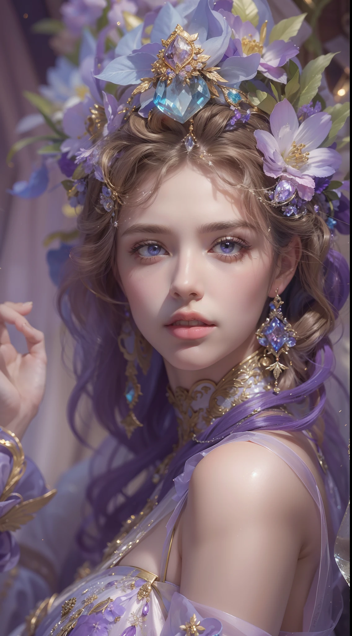 (Best quality,8K,A high resolution,Masterpiece:1.2),Ultra-detailed,(Realistic,Photorealistic,photo-realistic:1.37),Portrait,Creative style artwork,Historical,classical,Sophisticated,plethora of colors,Highly detailed,Soft lighting,luxurious environment,Delicate fairy flowing dress dress,detailed jewellery,Ethereal atmosphere,Elegant Pose,Graceful curves,Gold body proportions,Flowing and fluffy hair,Breathtaking textile patterns,Bright and clear purple eyes,Delicate floral decoration,A dazzling array of shiny crystal accessories,Mysterious and dreamy atmosphere,Impeccable attention to detail.