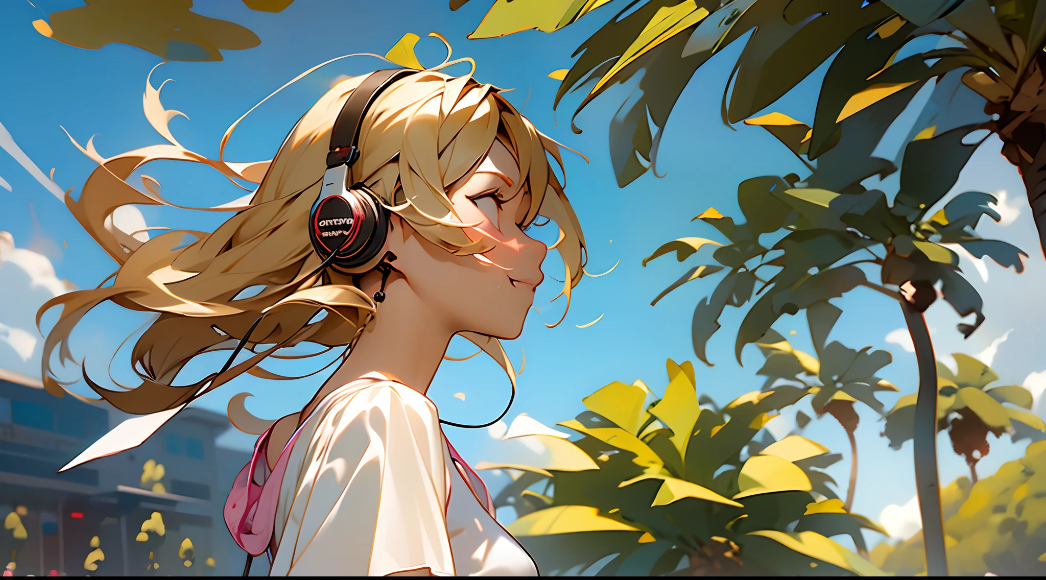 One girl, enjoying a walk while listening to music, relaxed image, September,