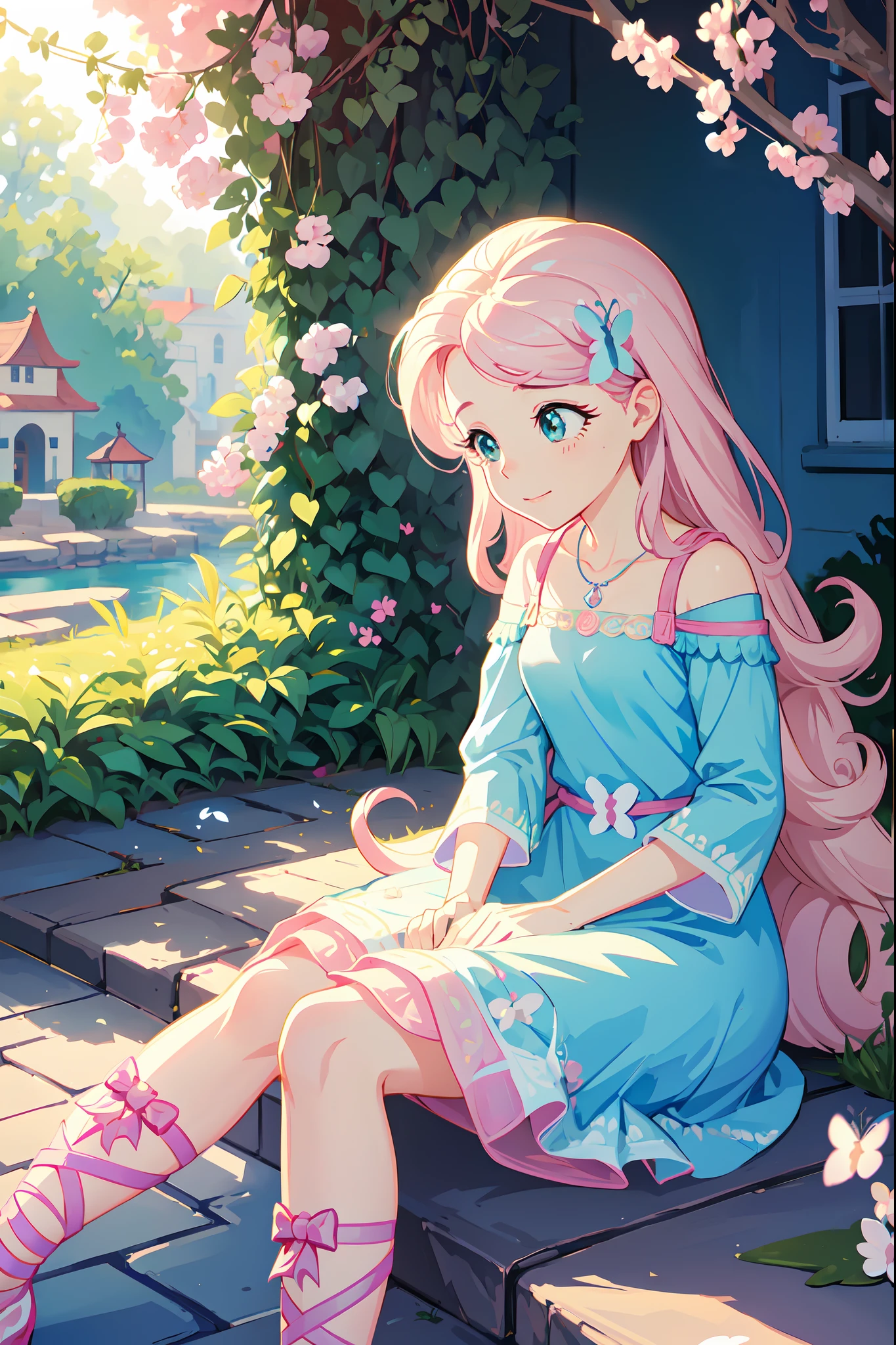 (best quality, 8k, masterpiece:1.2,),Cutest,Cute girl,Beautiful face,Beautiful eyes,Beautiful hair, Light pink long wavy hair,Lots of colorful flowers,soft sunlight,vivid colors,shimmering petals,peaceful garden,flying butterflies,lovely dress,innocent smile,sitting down, blissful atmosphere,serene background,dreamy ambiance,lively atmosphere,sparkling dewdrops, expression,captivating charm,magical garden,pastel hues,gentle breeze,dainty features,delicate petals,endearing beauty,enchanted scenery.