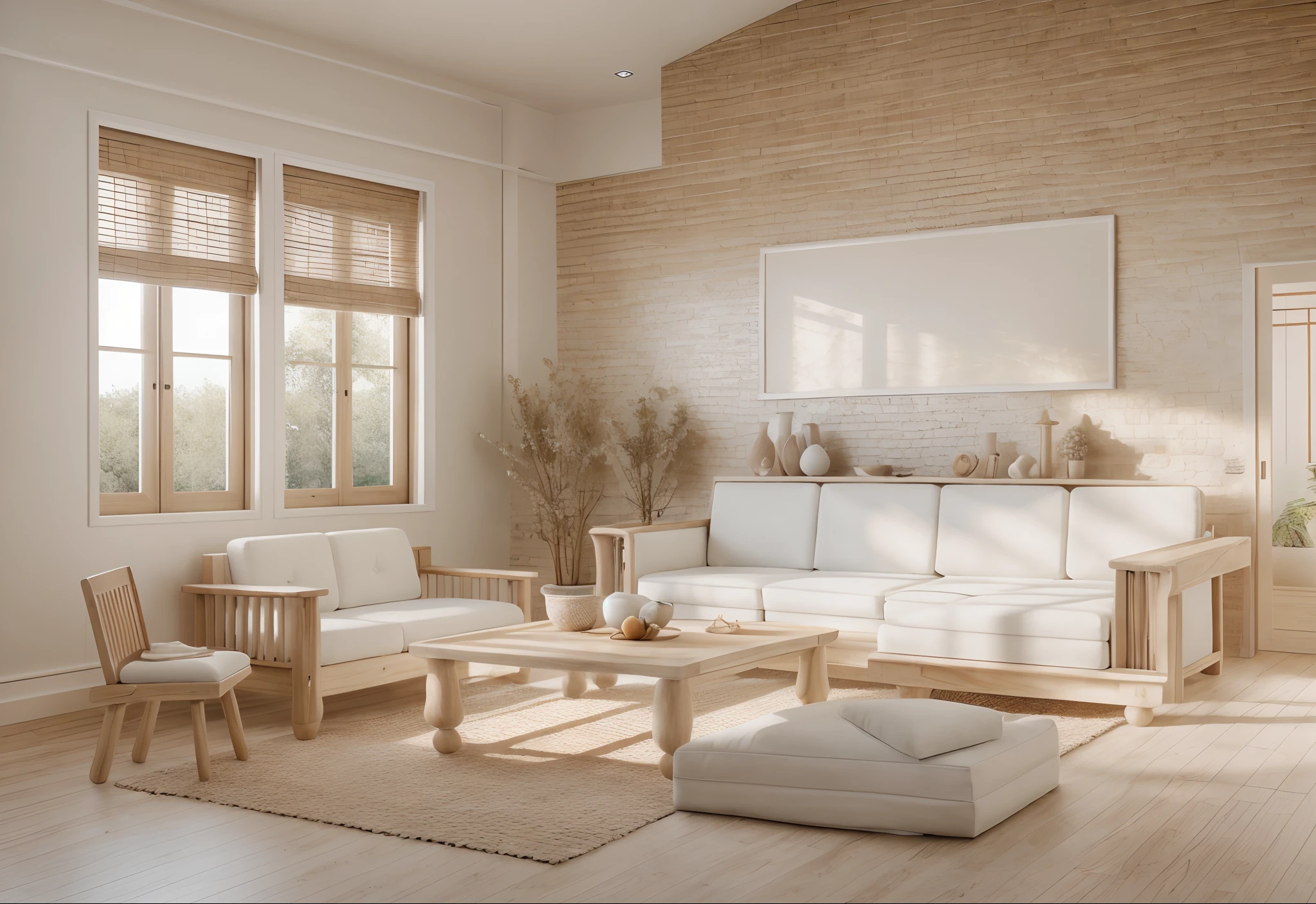 RAW photo,Masterpiece, high quality, best quality, authentic, super detail, interior,white wall, Neutral color for furniture,natural wooden texture,  japandi style, Realistic reflexes,realistic light , vray