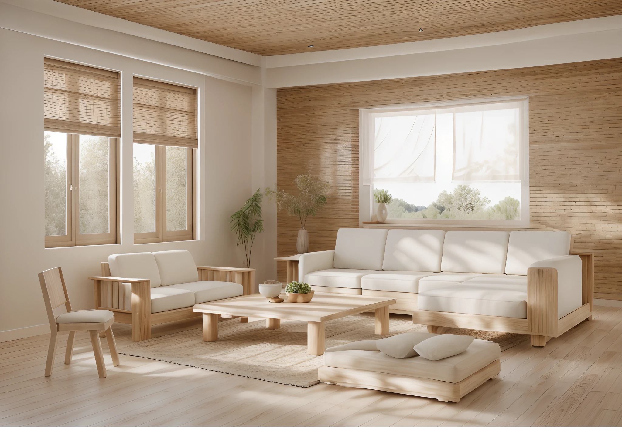 RAW photo,Masterpiece, high quality, best quality, authentic, super detail, interior,white wall, Neutral color for furniture,natural wooden texture,  japandi style, Realistic reflexes,realistic light , vray