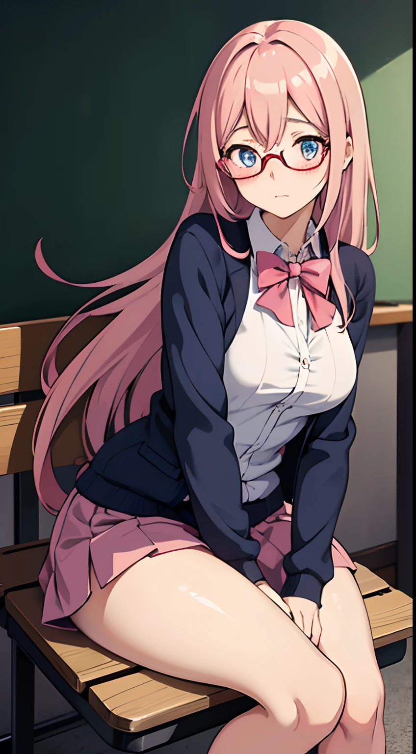 anime girl sitting on a bench in a classroom, thick rimmed glasses red, shy looking down, chest high, pink straight hair, photo of a classroom, soma, gaze down, quinn, big chest, blush, glowing blue eyes, ultra detailed, best quality, expressive eyes, perfect face,