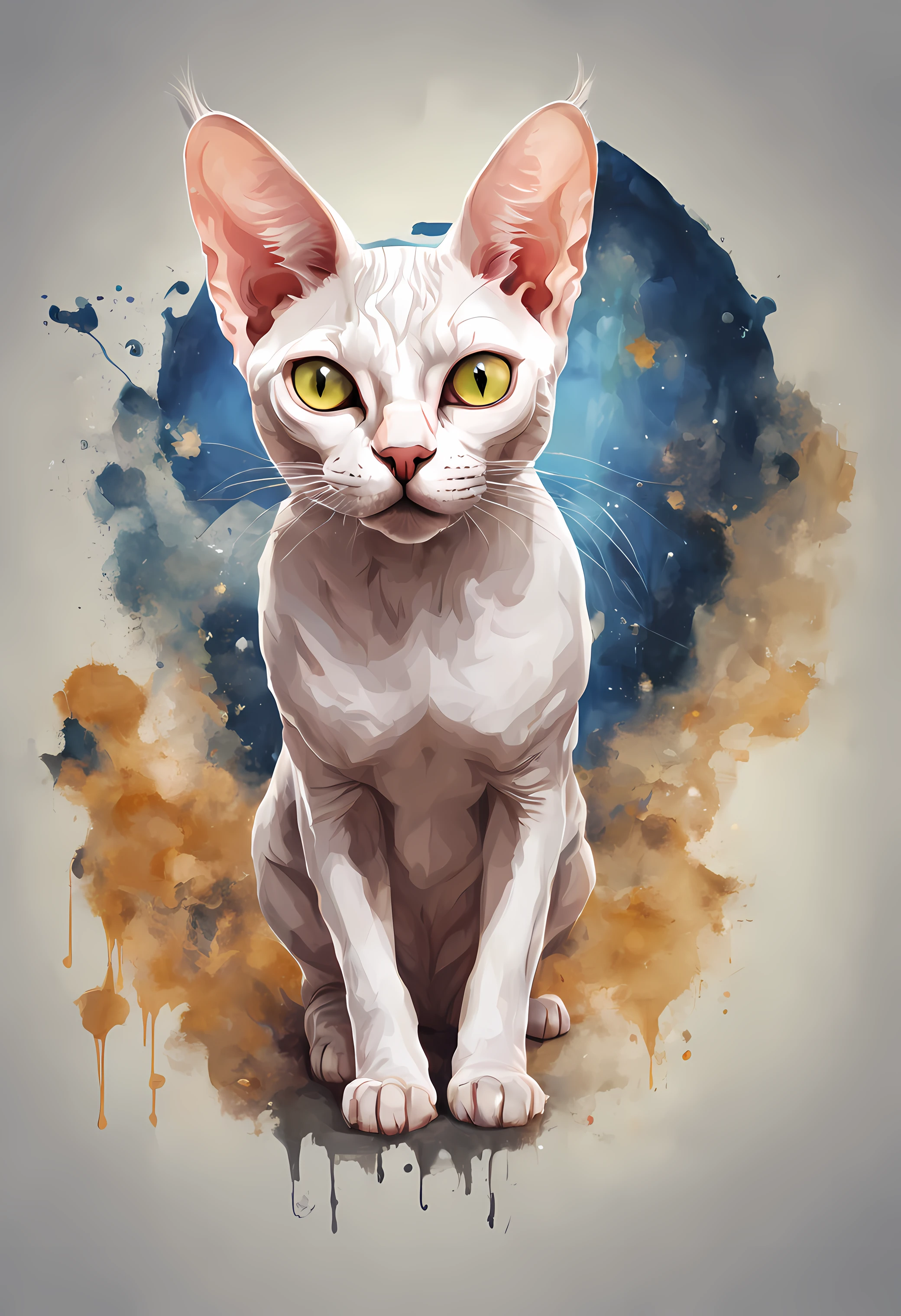 a cat of the white Sphynx breed, pintura estilo 3D aquarela, Esfinge de gato, imagem completa, High resolution high contrast (fotorrealista:1.5), (Foto RAW, 8k UHD,