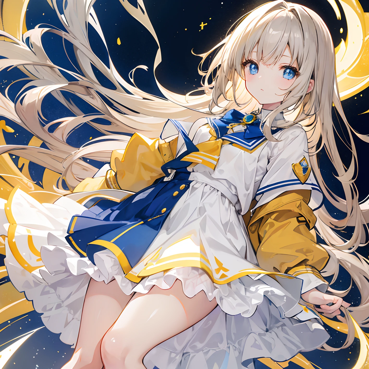 Glowing light brownish yellow with hair and pupils,Blue and white school uniforms,With a silver crystal pendant,Sweet loli girl,The whole is shining