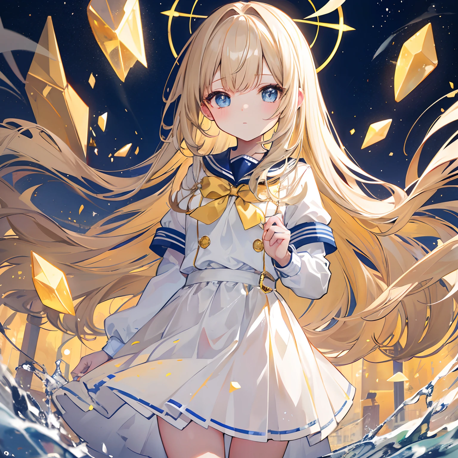 Glowing light brownish yellow with hair and pupils，Blue and white school uniforms，With a silver crystal pendant，Sweet loli girl，The whole is shining