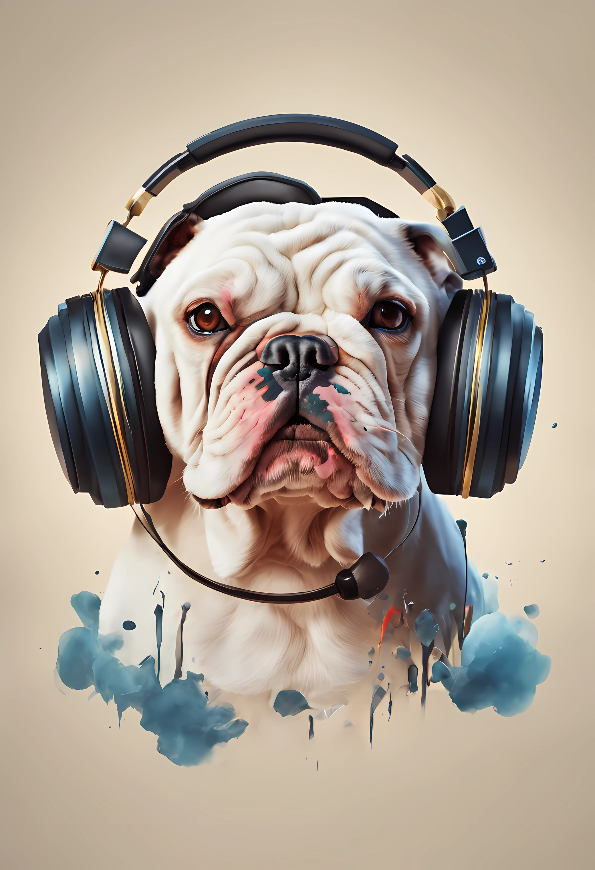 um cachorro  bulldog inglesa, pintura estilo 3D aquarela, DJ dog listening to music, English DJ bulldog dog breed, imagem completa, High resolution high contrast (fotorrealista:1.5), (Foto RAW, 8k UHD,