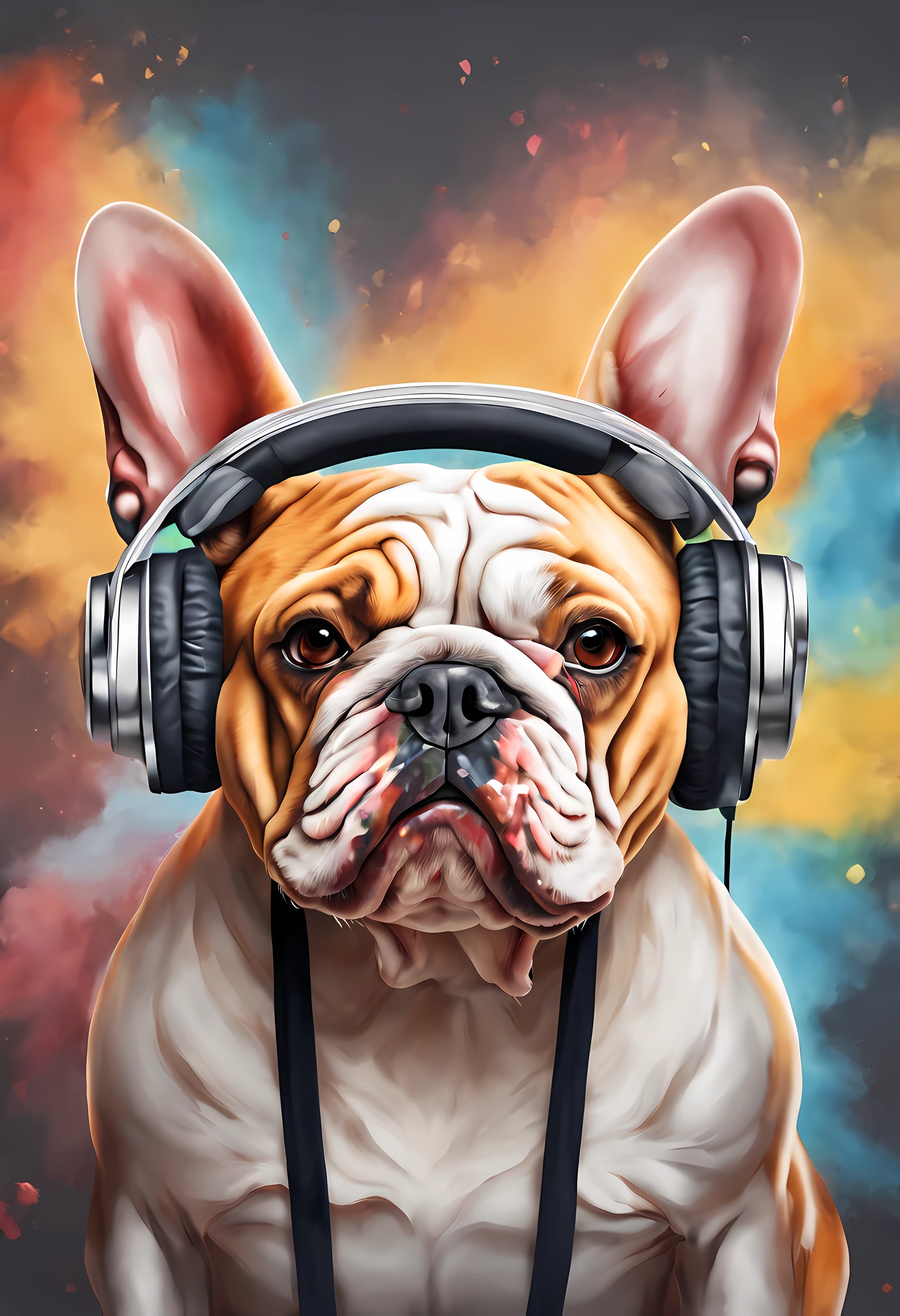 um cachorro  bulldog inglesa, pintura estilo 3D aquarela, DJ dog listening to music, English DJ bulldog dog breed, imagem completa, High resolution high contrast (fotorrealista:1.5), (Foto RAW, 8k UHD,