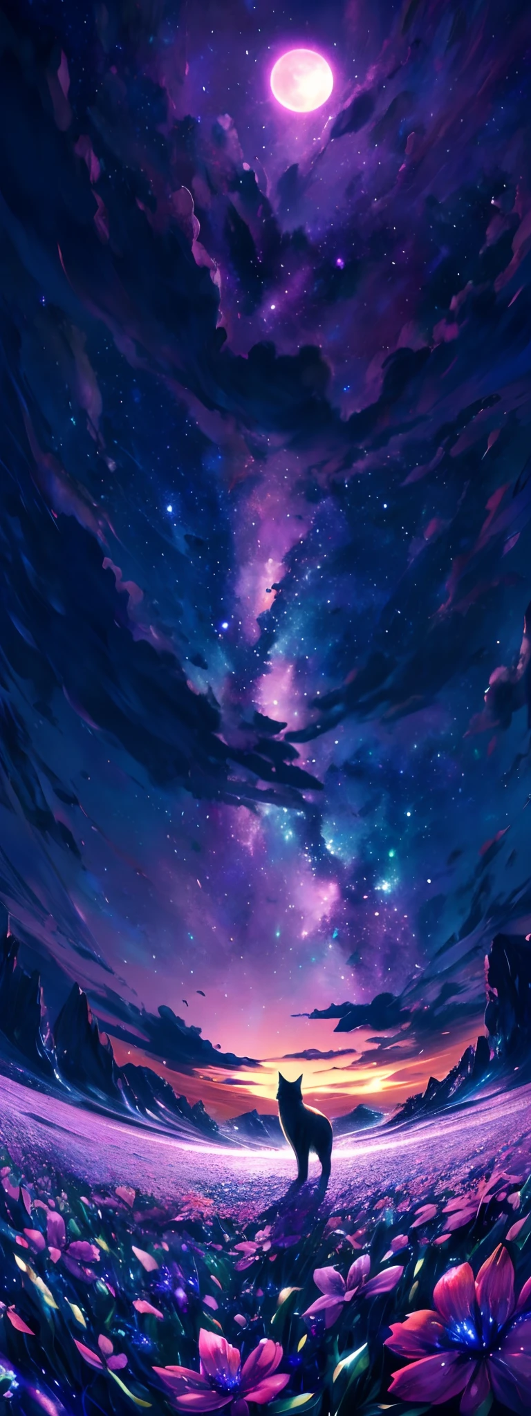 Vast landscape photos , (a view from below that shows sky above and open field below), Cat standing in a flower field in the foreground and looking up at the sky, (fullmoon:1.2), ( shooting stars:0.9), (nebulas:1.3), distant mountain, Tree Break Production Art, (Warm light source:1.2), (firefly:1.2), apples, lot of purple and orange, Intricate details, Volumetric Lighting BREAK (masutepiece:1.2), (Best Quality), 4K, Ultra-detailed, (dynamic compositions:1.4), Highly detailed, Colorful Detail,( Iridescent colors:1.2), (Glowing lighting, Atmospheric lighting), Dreamy, Magical, (Solo:1.2