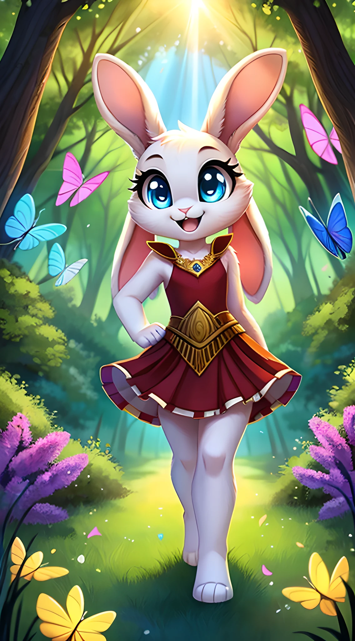 zoomed out image, fantasy style art, cute, adorable, short, tiny, little fluffy female white bunny with blue eyes, 2 extra ears, 4 ears, big floppy ears, long ears, ears perked up, raised ears, long eyelashes, poofy rabbit tail, smiling, standing in a forest, wearing a red frilly dress, big expressive smile, open mouth, wide eyes, excited eyes, excited face, stunning visuals, sunlight coming through the trees, colorful flowers scattered in the bushes, colorful butterflies flying around, digital illustration