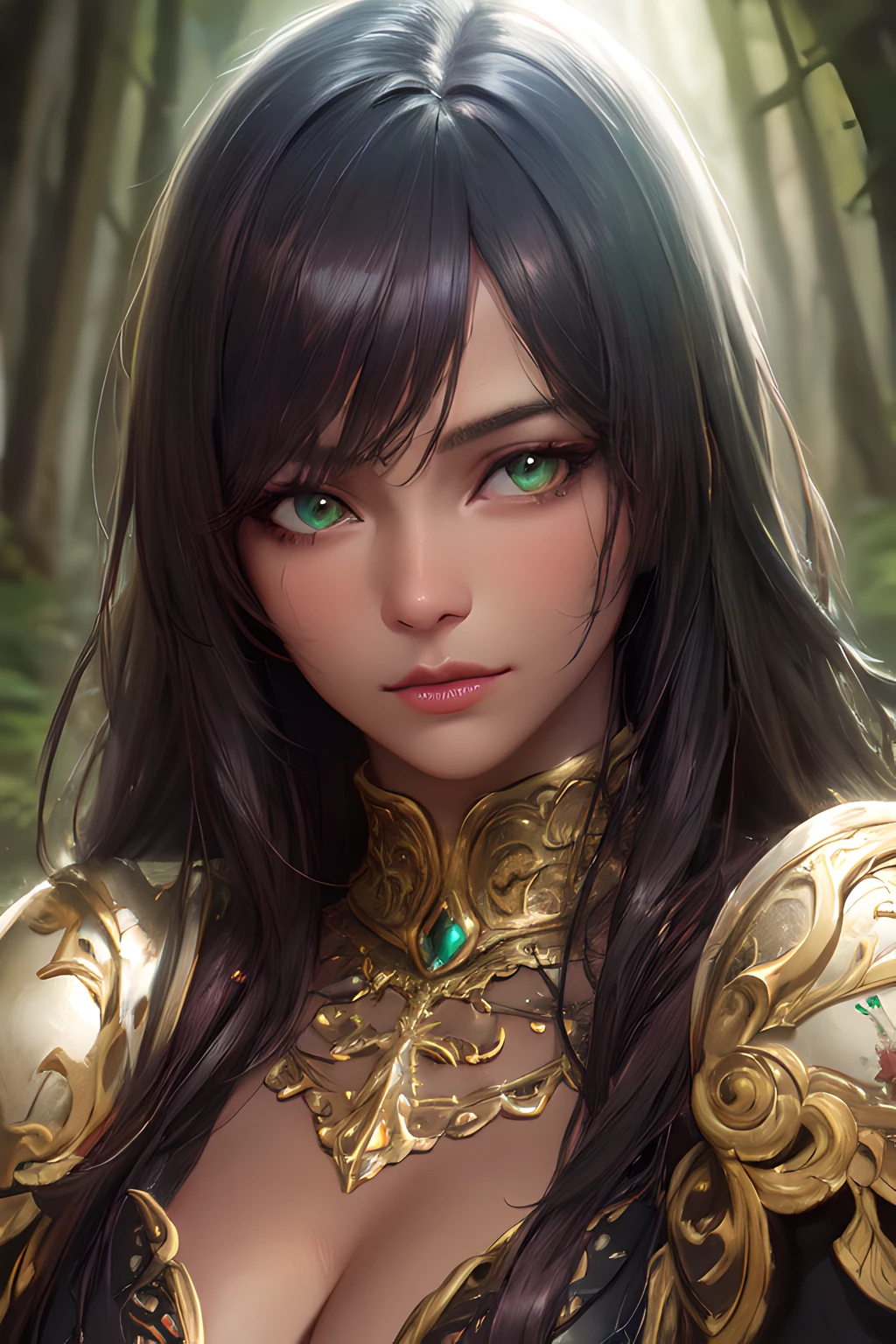 (realistic, painting_style), mature, woman, dark skin, ornate fantasy armor, long hair, black hair, beautiful hair, green eyes, masterpiece, best quality, portrait, close up, volumetric lighting, looking at viewer, dark forest,