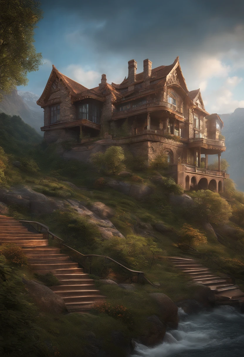 house embedded in designed mountainous terrain,waterfal dramatic dynamic octane render intricate details architectural photography, architecture style steampunk art by Artgerm