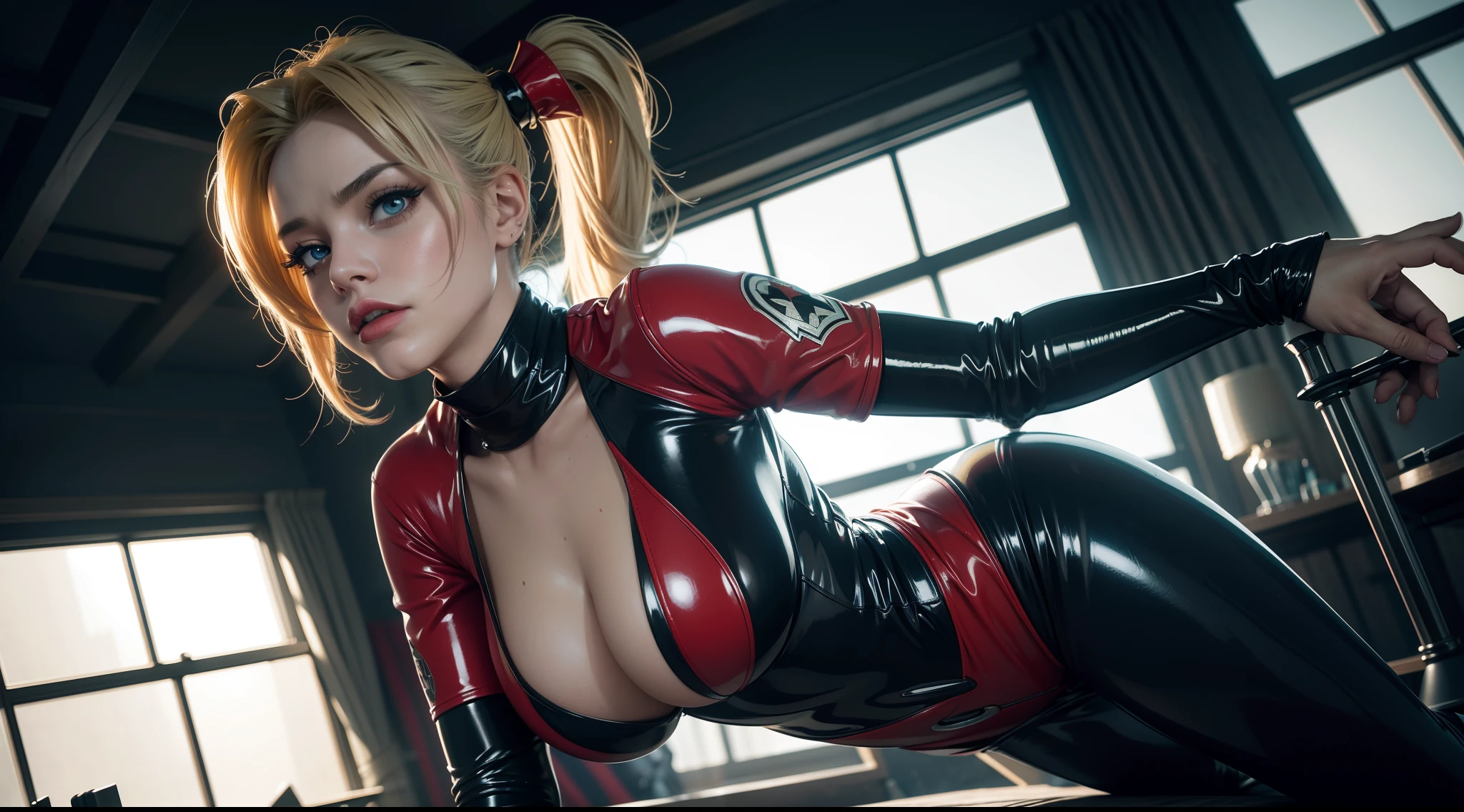 Harley Quinn (really big huge tits, latex suit) от DC Comics, CGI with clear focus, Photorealistic, high detail, Realistic, Masterpiece, absurdress, Best Quality, HDR, hiquality, hight resolution, Extremely detailed, 8k wallpaper, intricate details, 8K UHD, Full-HD, (foto realista:1.2), Contrast, sharp lighting, Cinematic lighting, natural lighting, hard light, Backlighting, Global Illumination, Environment Occlusion