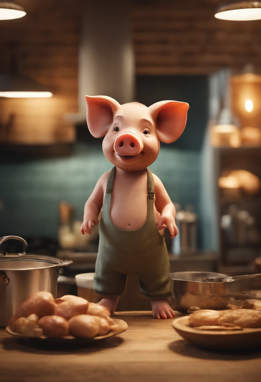 ((Masterpiece)), (Top quality), (Best quality), (Realphotos), (hyper-detailing), A pig cooking,3D