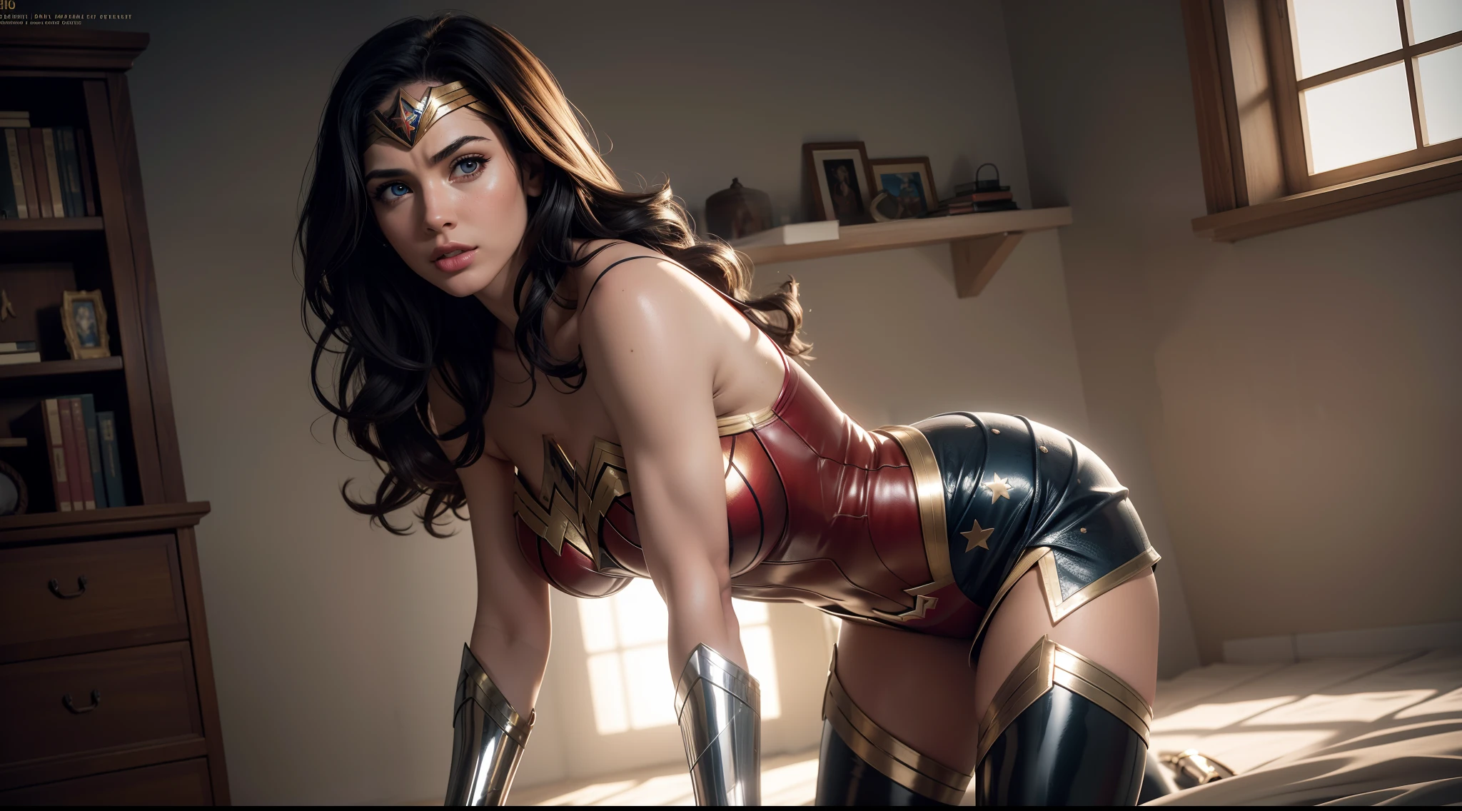 Wonder Woman (really big huge tits, latex suit) от DC Comics, CGI with clear focus, Photorealistic, high detail, Realistic, Masterpiece, absurdress, Best Quality, HDR, hiquality, hight resolution, Extremely detailed, 8k wallpaper, intricate details, 8K UHD, Full-HD, (foto realista:1.2), Contrast, sharp lighting, Cinematic lighting, natural lighting, hard light, Backlighting, Global Illumination, Environment Occlusion