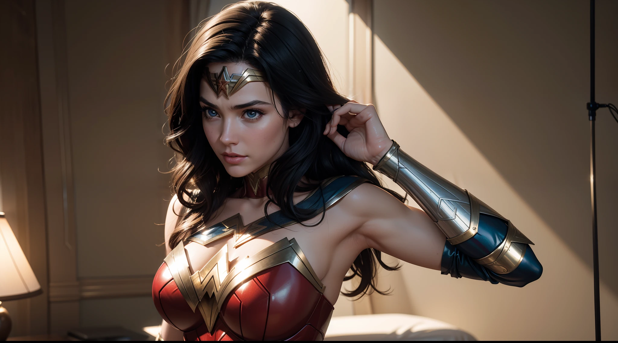 A close-up of a woman in a costume and a group of aliens, James Jean Soft Light 4K, Volop : :, an art deco, portrait of wonder woman, Inspired by Noriyoshi Oi, Hot topics on artstaion, Mechanized female soldiers, Ski slopes : :