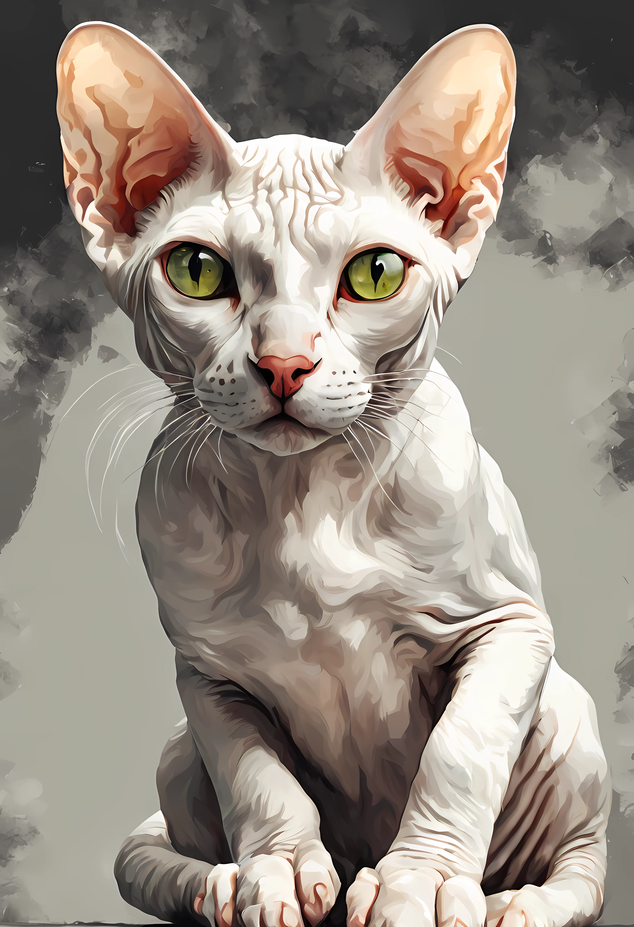 a cat of the white Sphynx breed, pintura estilo 3D aquarela, Gato alegre, imagem completa, High resolution high contrast (fotorrealista:1.5), (Foto RAW, 8k UHD,
