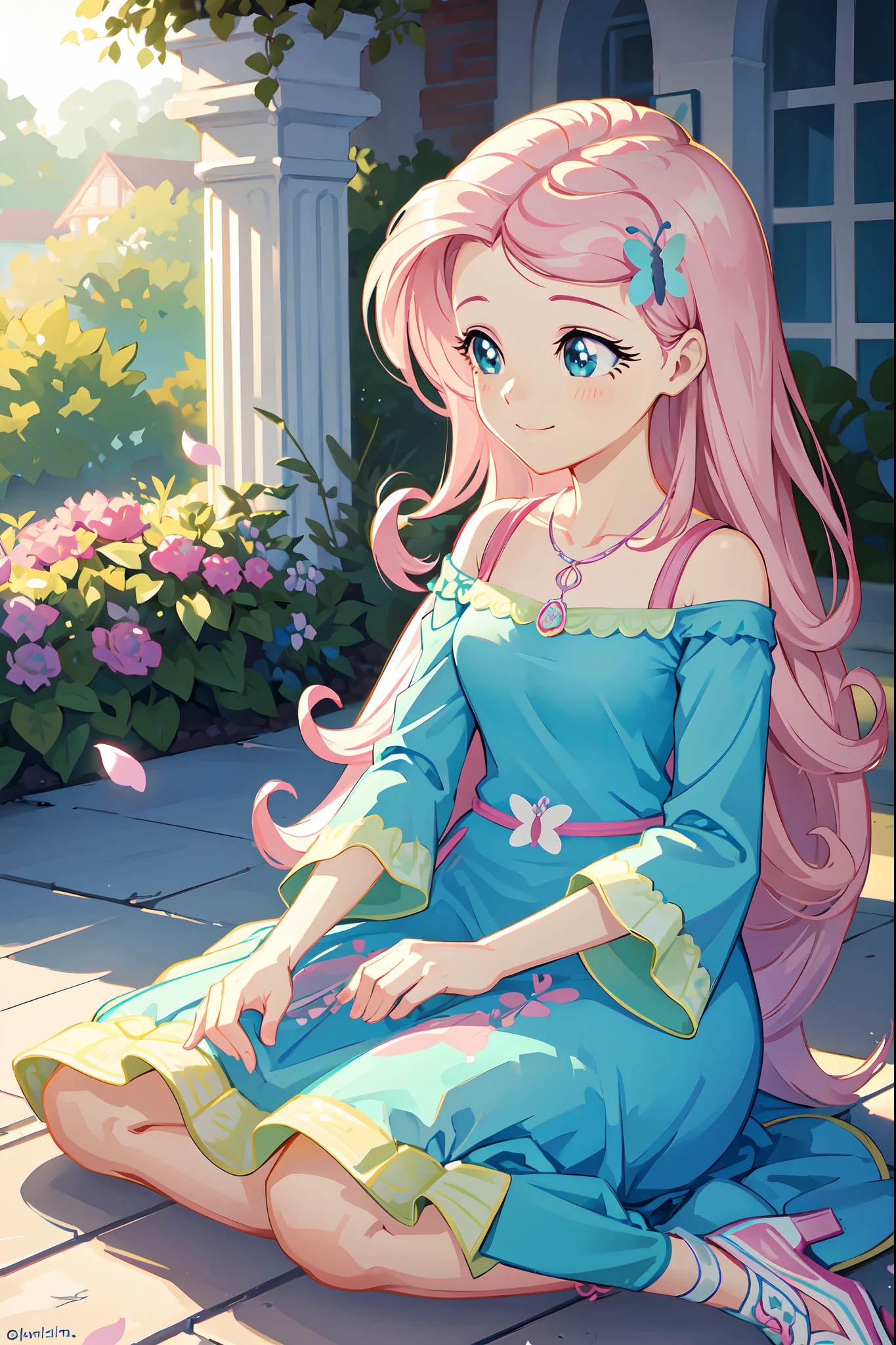 (best quality, 8k, masterpiece:1.2,),Cutest,Cute girl,Beautiful face,Beautiful eyes,Beautiful hair, Light pink long wavy hair,Lots of colorful flowers,soft sunlight,vivid colors,shimmering petals,peaceful garden,flying butterflies,lovely dress,innocent smile,sitting down, blissful atmosphere,serene background,dreamy ambiance,lively atmosphere,sparkling dewdrops, expression,captivating charm,magical garden,pastel hues,gentle breeze,dainty features,delicate petals,endearing beauty,enchanted scenery.
