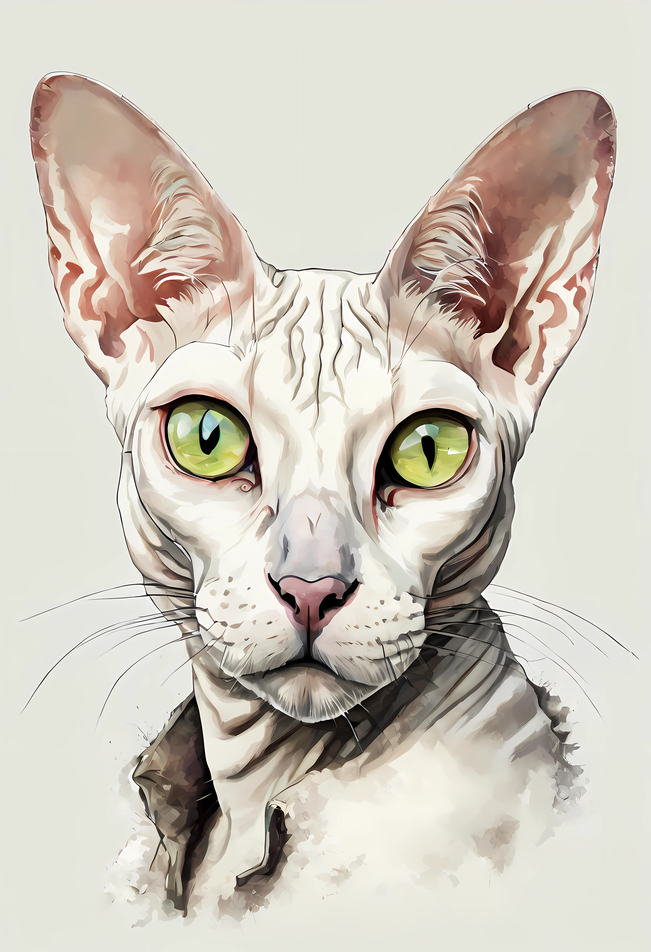 a cat of the white Sphynx breed, pintura estilo 3D aquarela, Gato alegre, imagem completa, High resolution high contrast (fotorrealista:1.5), (Foto RAW, 8k UHD,