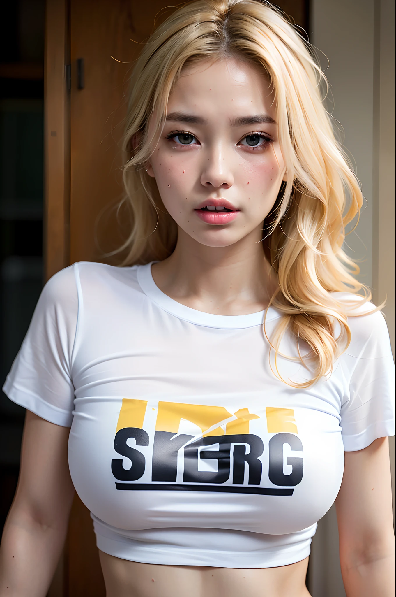 (1girl),large breasts, breasts, tan, dewy skin, sweaty skin, wavy blonde hair, punk tshirt, punk girl