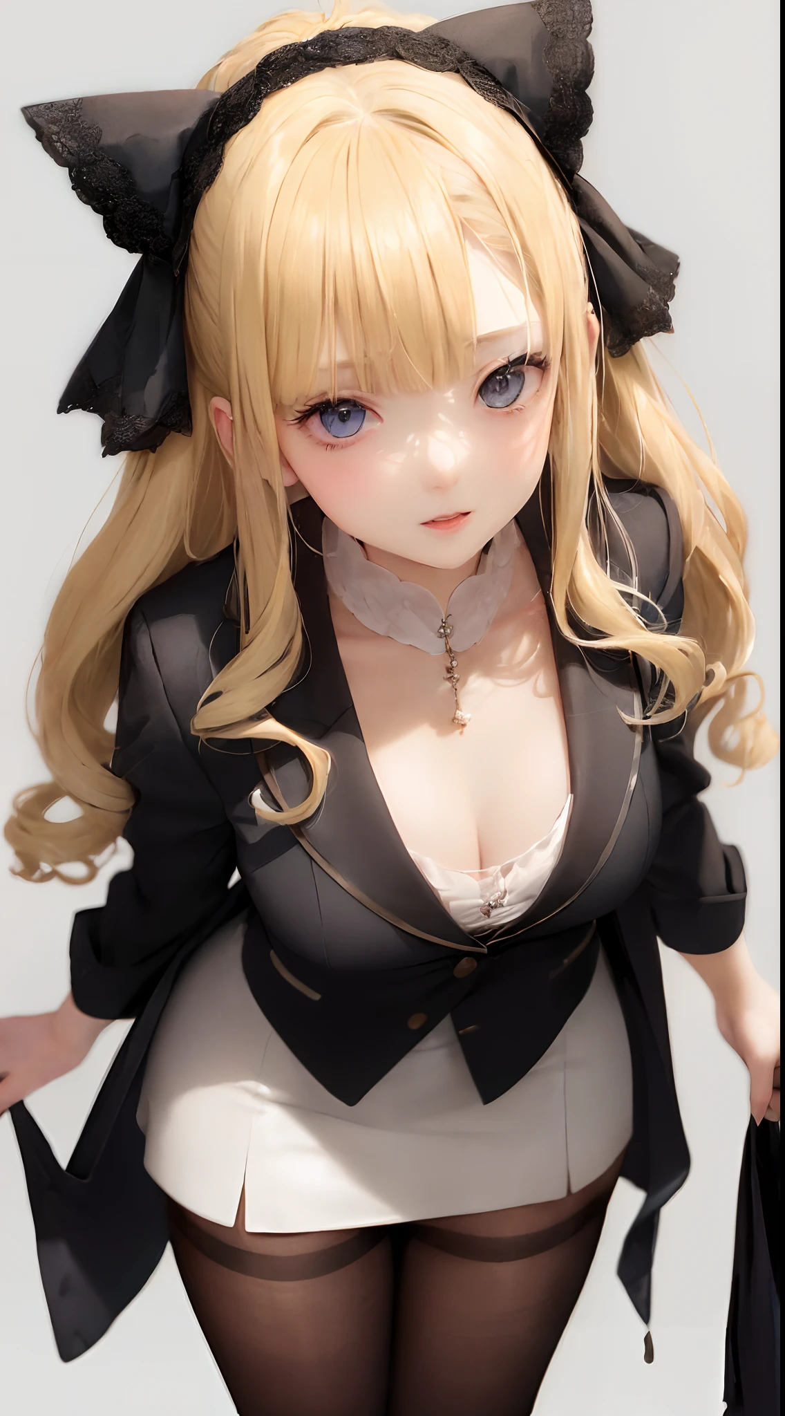 (((a blond、Portrait、looking in camera)))、[monochromes:Subdued Color:2.6] theme, (masutepiece), (Best Quality), , Light Layer, Lustrous skin, (intricate-detail , taut clothes, ),  Kim Hair, hime-cut, Blunt bangs、Blue eyes、 30s、(maturefemale)、((student clothes、blazers、a miniskirt、curlyhair、Beautiful breasts))、symmetry、Thick lip、Lustrous lips、Tall lady、Standing Pose、white backgrounid、simple background、Single-color background、femele１a person、