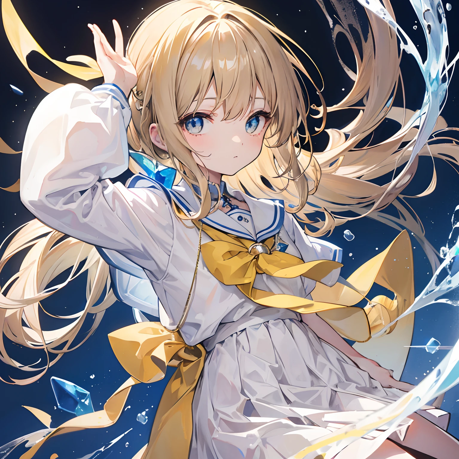 Glowing light brownish yellow with hair and pupils，Blue and white school uniforms，With a silver crystal pendant，Sweet loli girl，The whole is shining