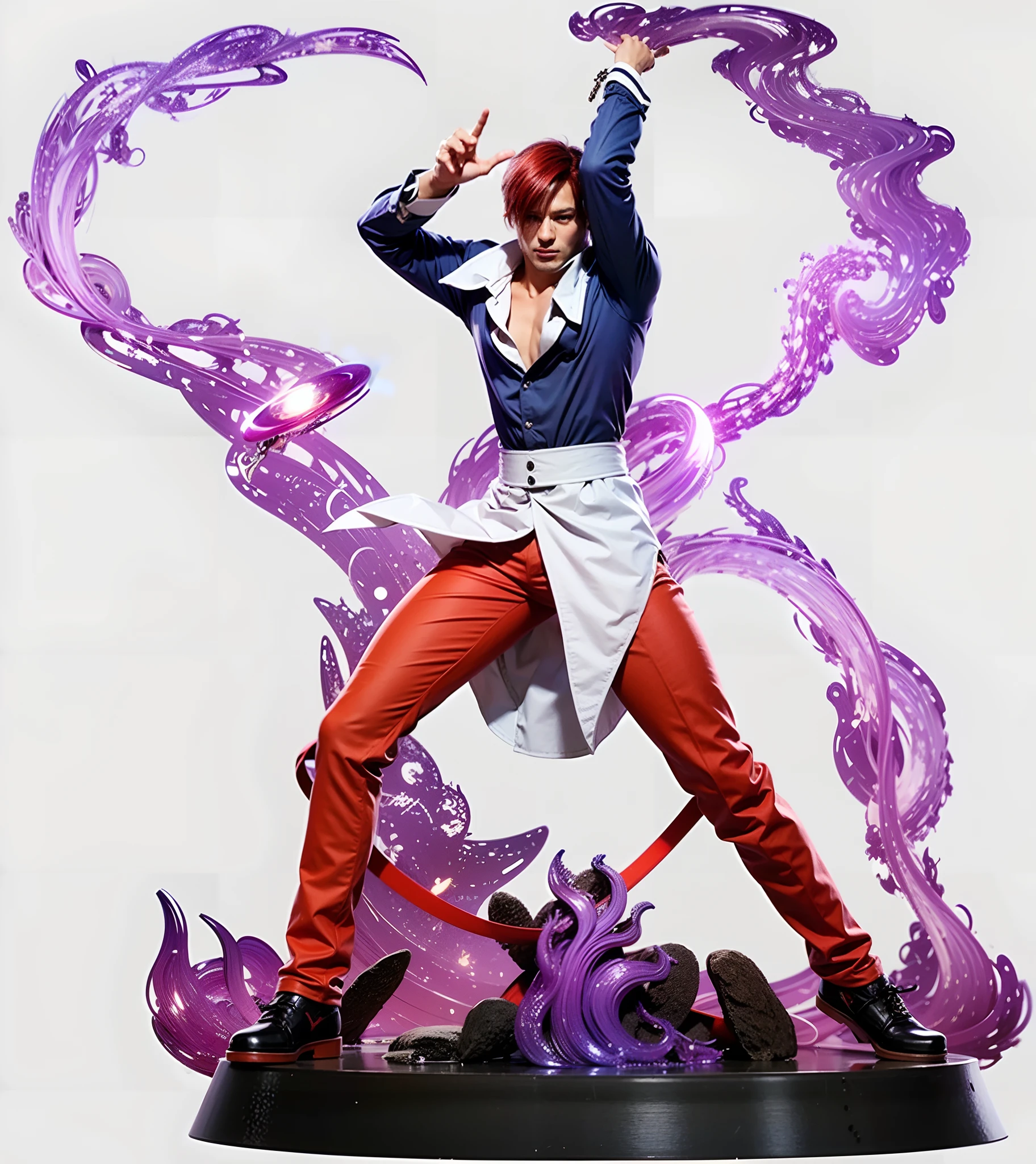 male character, red hair, black and white shirt, red pants, brown shoes, purple fire around the body