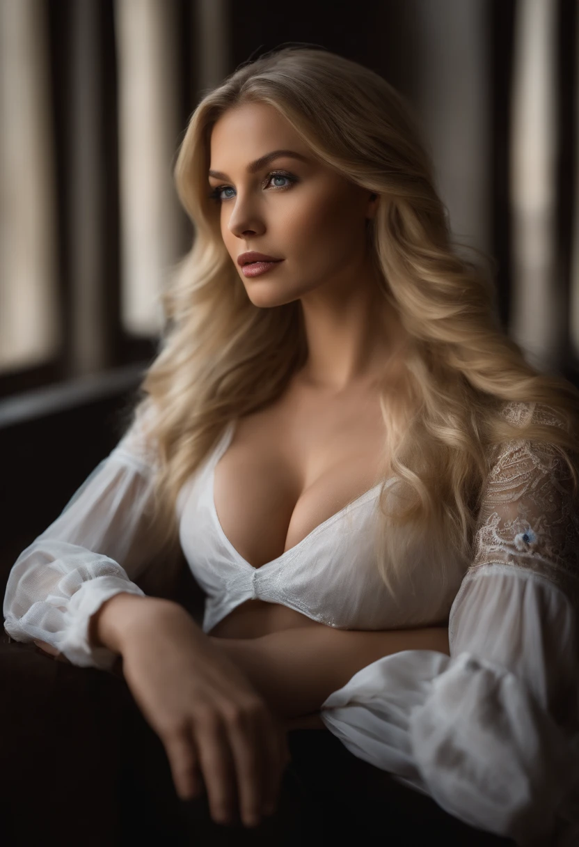 Professionell, (4k-Foto:1.1) bis (Jeremy Lipking:0.3), (Dittmann Anna:0.3), (Arian Mark:0.3), (Scharfer Fokus:1.3), Hohe Detailgenauigkeit, tragend (enges Hemd:1.2), beautiful detailed face, blue eyes, lange blonde Haare, (attraktive frau:1.3), (seductive:1.1), (flush:1.1), Hourglass Body Shape, big round breasts, wide hips, im Hintergrund schwarz matt Mercedes G-Klasse AMG