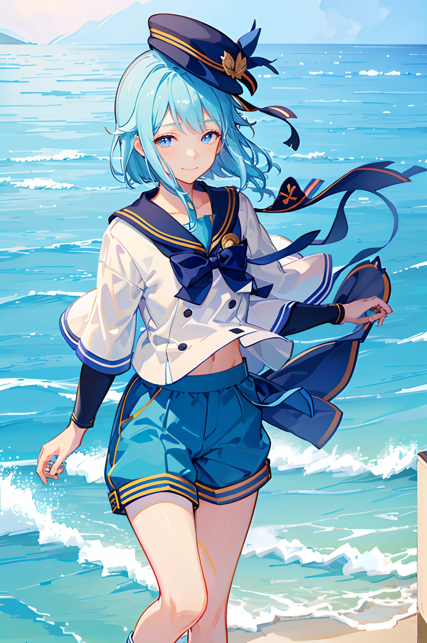 Hajime Shino, solo, blush, smile, blue eyes, 1boy, blue hat, blue hair, male focus, shorts, sailor collar, sailor hat, sailor, cowboy shot