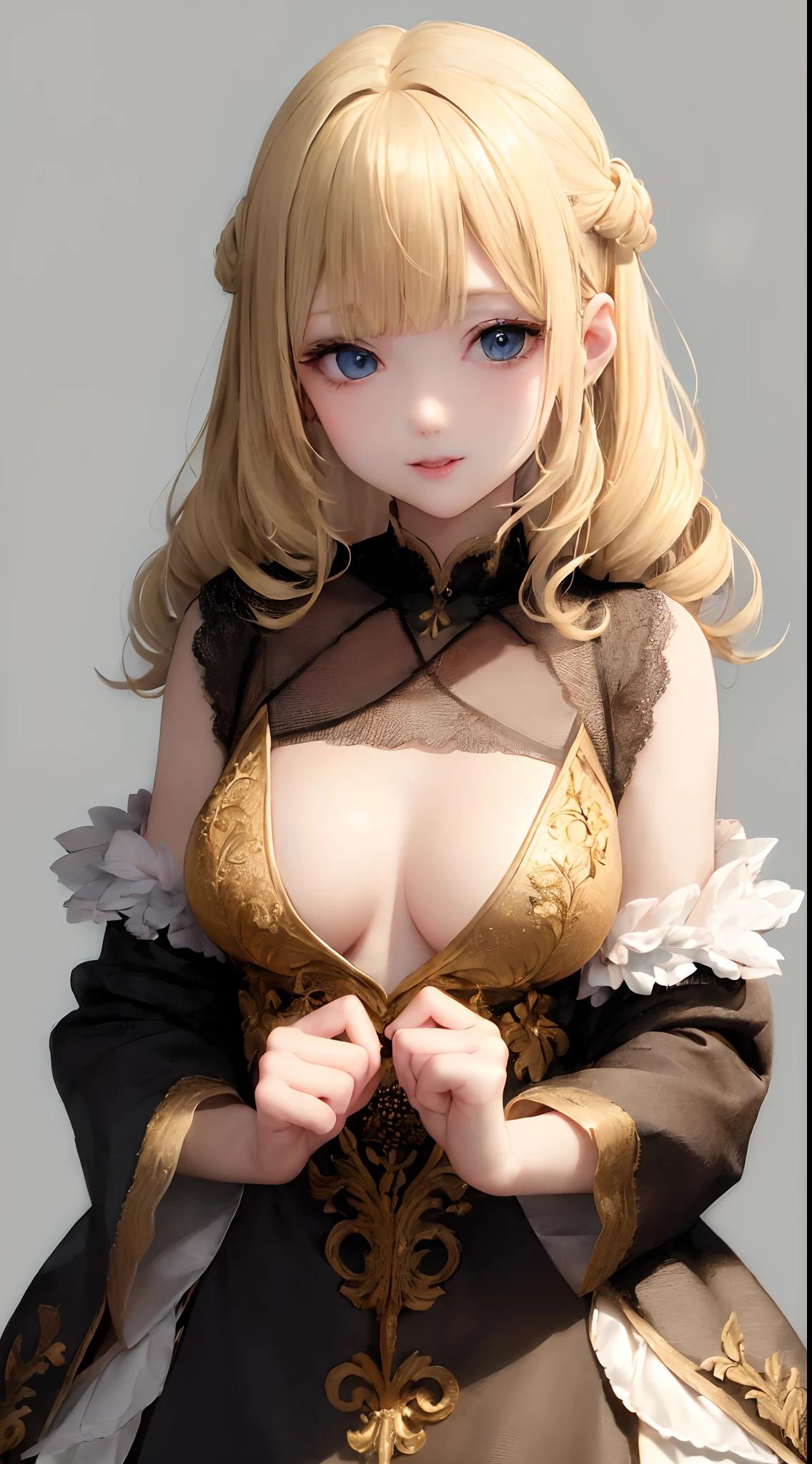 (((a blond、Portrait、looking in camera)))、[monochromes:Subdued Color:2.6] theme, (masutepiece), (Best Quality), , Light Layer, Lustrous skin, (intricate-detail , taut clothes, ),  Kim Hair, hime-cut, Blunt bangs、Blue eyes、 30s、(maturefemale)、((doress、off shoulders、slit、curlyhair、Beautiful breasts))、symmetry、Thick lip、Lustrous lips、Tall lady、Standing Pose、white backgrounid、simple background、Single-color background、1 female、