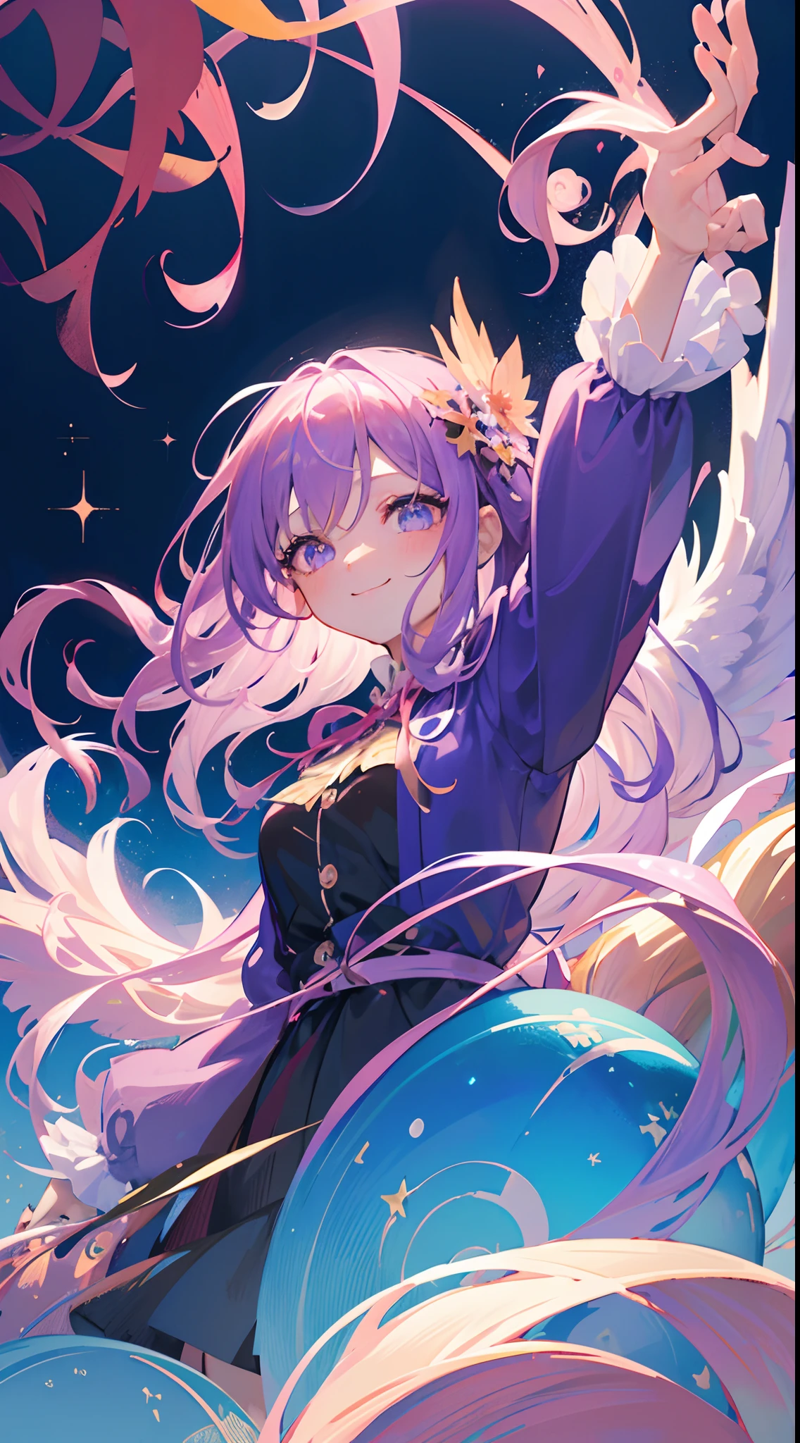 masutepiece, Best Quality,Illustration, Wallpaper, ultra -detail, Absurd beauty, 1beautiful girl、Light purple hair、Glitter and big eyes、Hair fluttering in the wind、♡、Smaller head、Autumn landscape、miscievous smile、Angle looking up from below、blue eyess、waved hair、Medium Hair、Angel wings