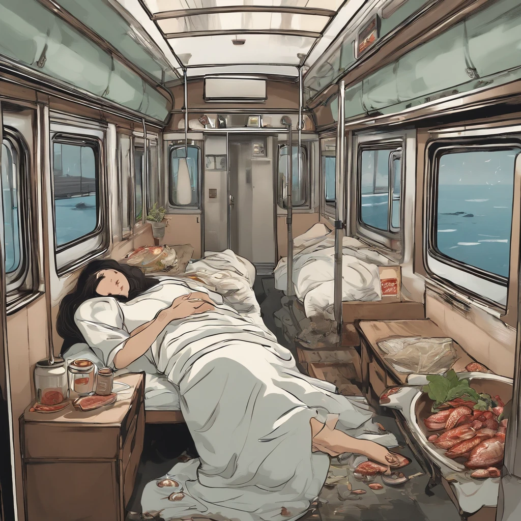 Photorealsitic、Severe strong winds and pouring rain、Woman's bedroom at night with a large bed with closed dirty curtains due to a large amount of rotting internal organs, seafood, Manure and vomit scattered in contaminated, white, cloudy sewage are crooked and flowing on the train floor.、Japan fat woman in her 20s holding umbrella、Contorting the face into a stench、Wearing a look of anguish、Spit out a large amount of food or internal organs through a wide open mouth