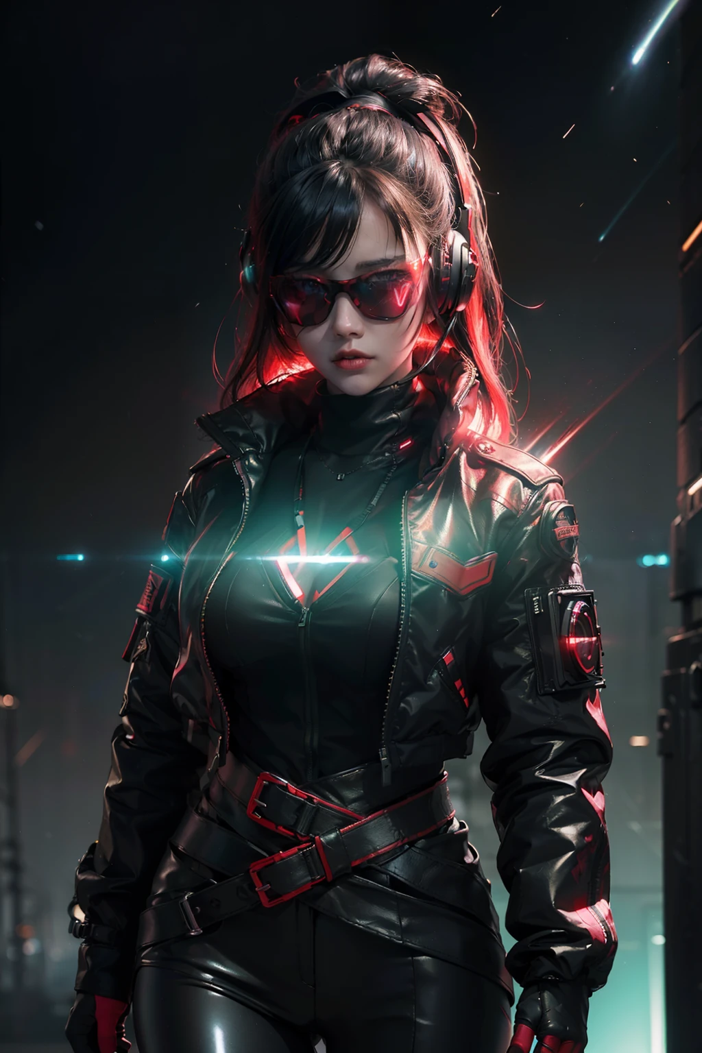 Girl (((From face to the waist view::1. 4))), realistic skin texture, in complex & hyper detailed black & red jacket & top cyberpunk wearing headphones, japanese hanya mask & aurora borealis light glasses, (((light glow effect))), dinamic panning photography move::1, midnight hour illuminationr, (masterpiece), best quality, perfect pretty face, 8k