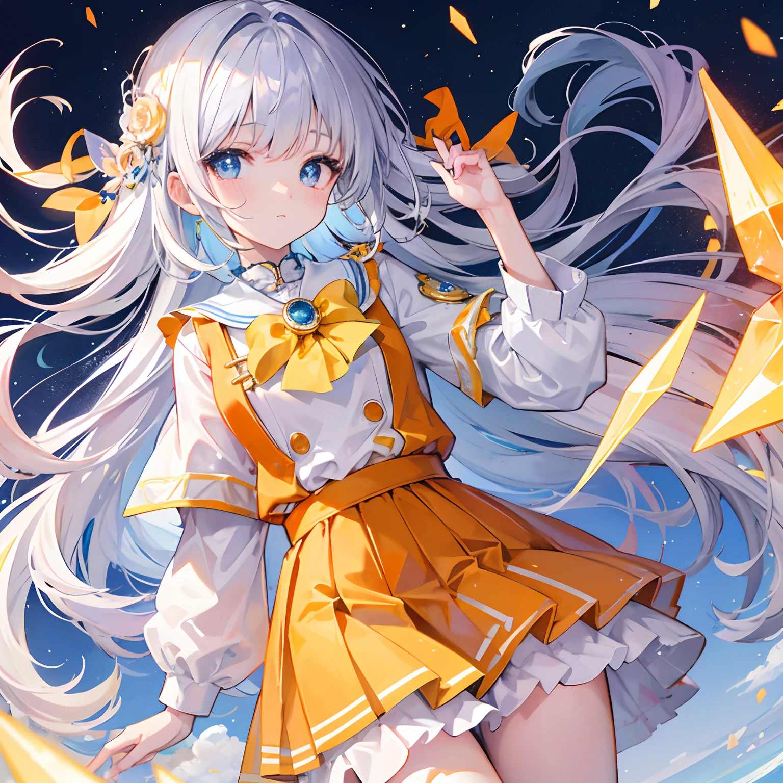 Glowing light orange-yellow，There is hair and pupils，Blue and white school uniforms，With silver crystal pendant，Sweet loli girl，Overall shine