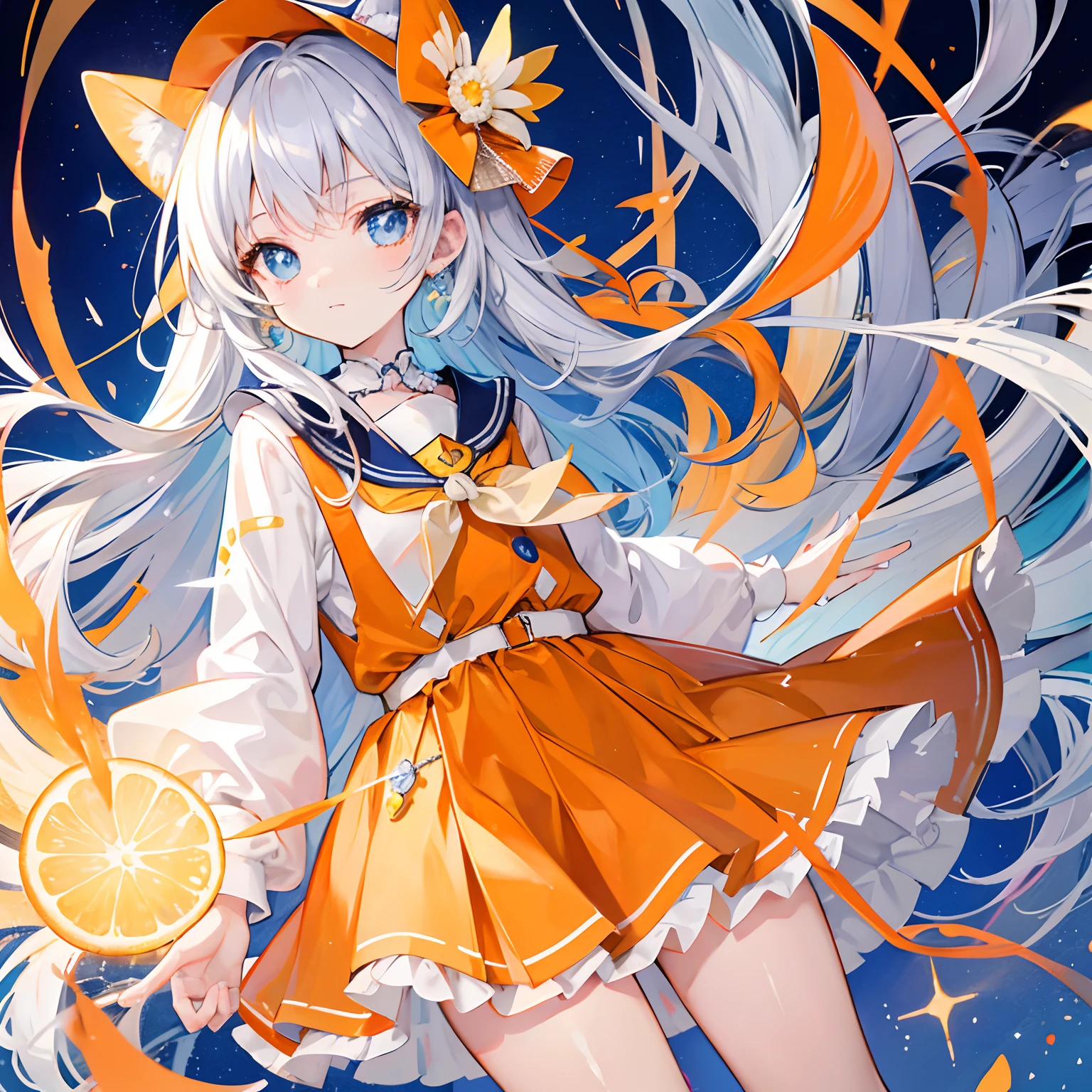 Glowing light orange-yellow,There is hair and pupils,Blue and white school uniforms,With silver crystal pendant,Sweet li girl,Overall shine