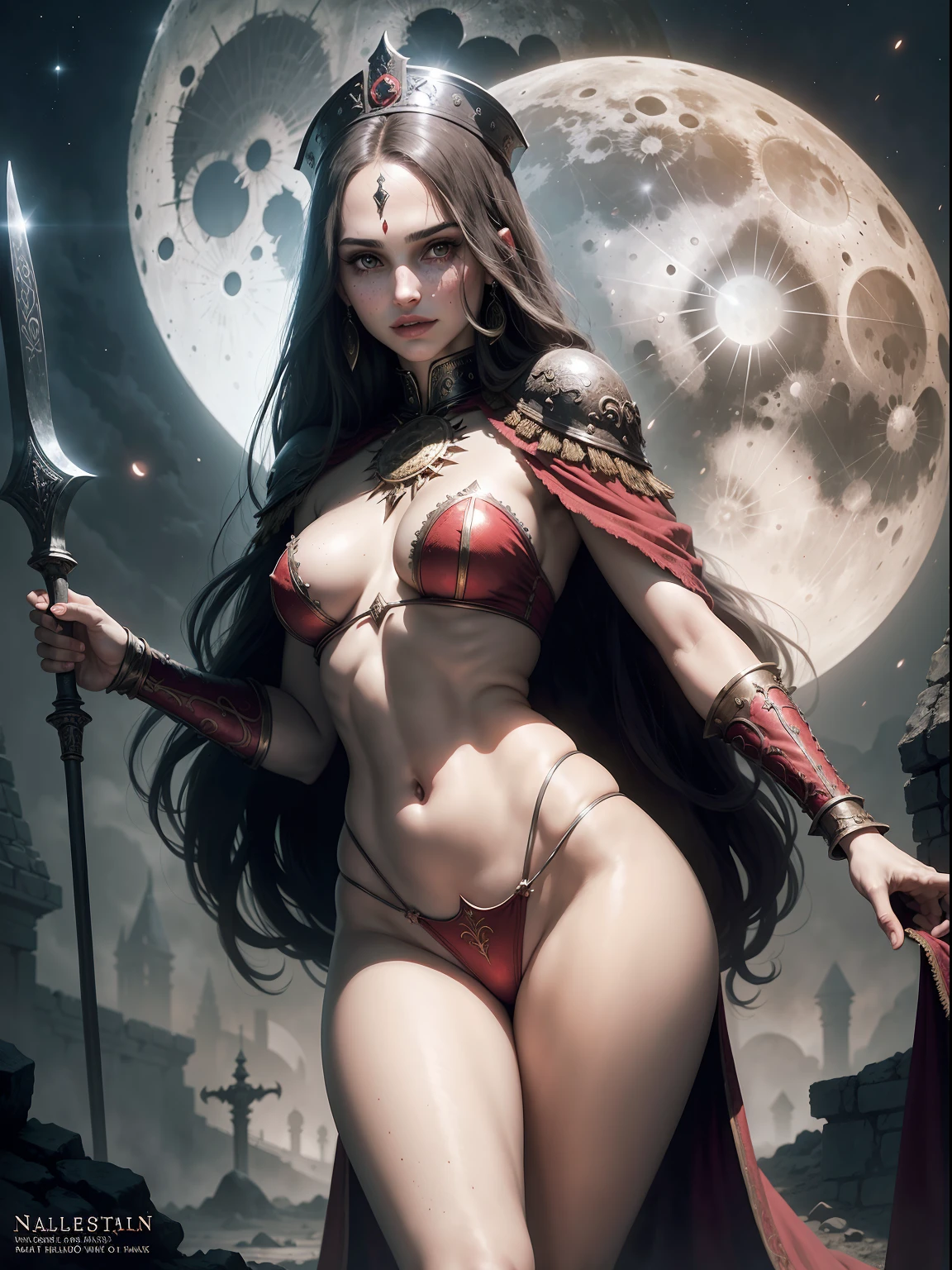 1970's dark fantasy heavy metal disc cover. teen natalie portman as a red priestess girl. gentle smile. (Moon night desolation). freckles. slender and beautiful. intricate detail.