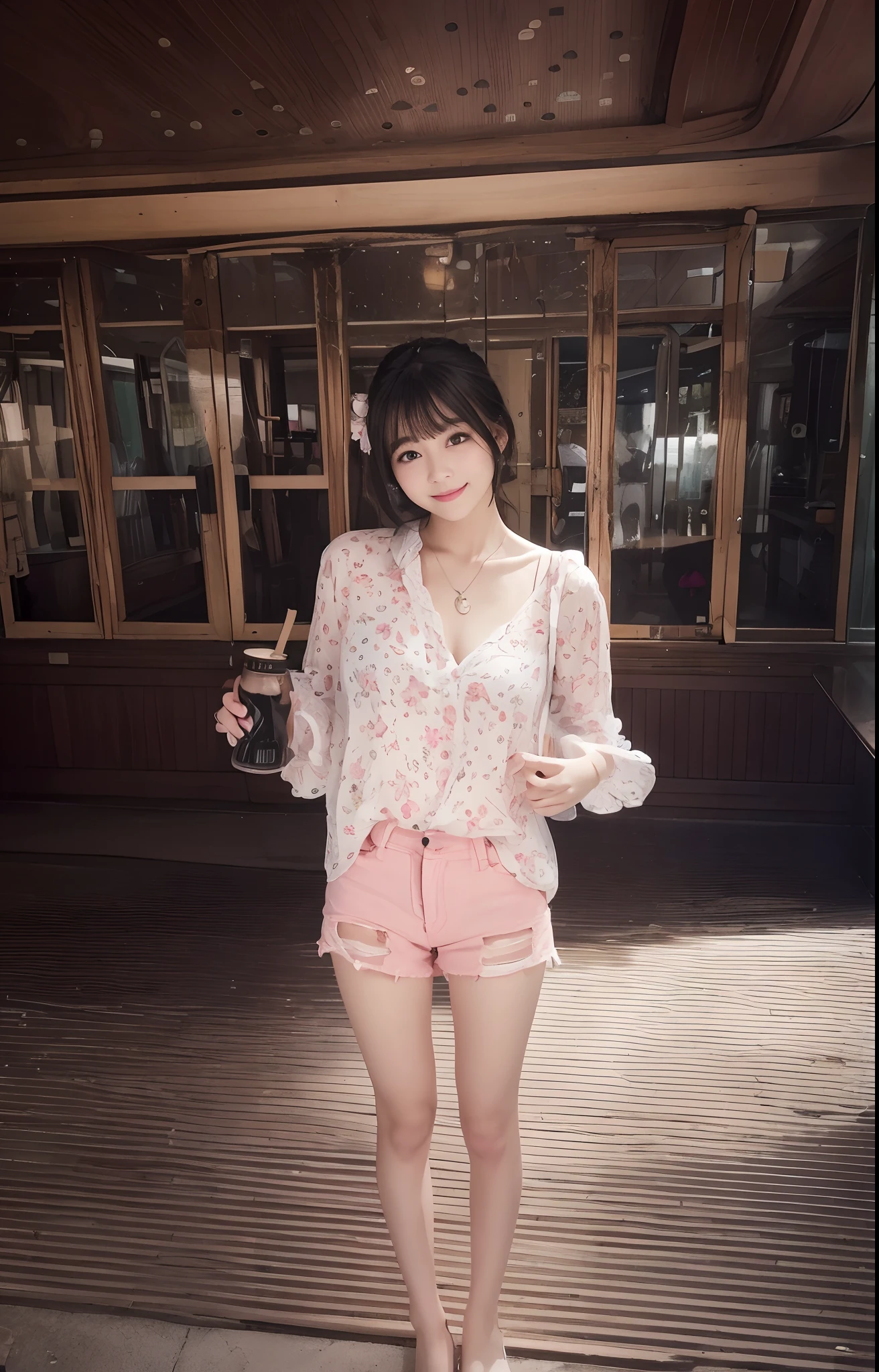 (hyper HD,RAW photogr,tmasterpiece,Detailed details,Extensive illumination,naturalshadow)Cute beautiful girl,Naughty style photography,Wear a cute pink and white printed chiffon shirt,ssee-through(no-bra),Dewy snow-white chest,Beautiful and delicate collarbone,Wear extra-short jeans,Clear ,Bare thighs,Detailed clothing details:1.5,White legs and small feet,Beautiful legs apart,Slim and small,Beautiful mischievous expression,Small face,Beautiful appearance,Smile,There are dimples,There are eye bags,Teethless,fully body photo