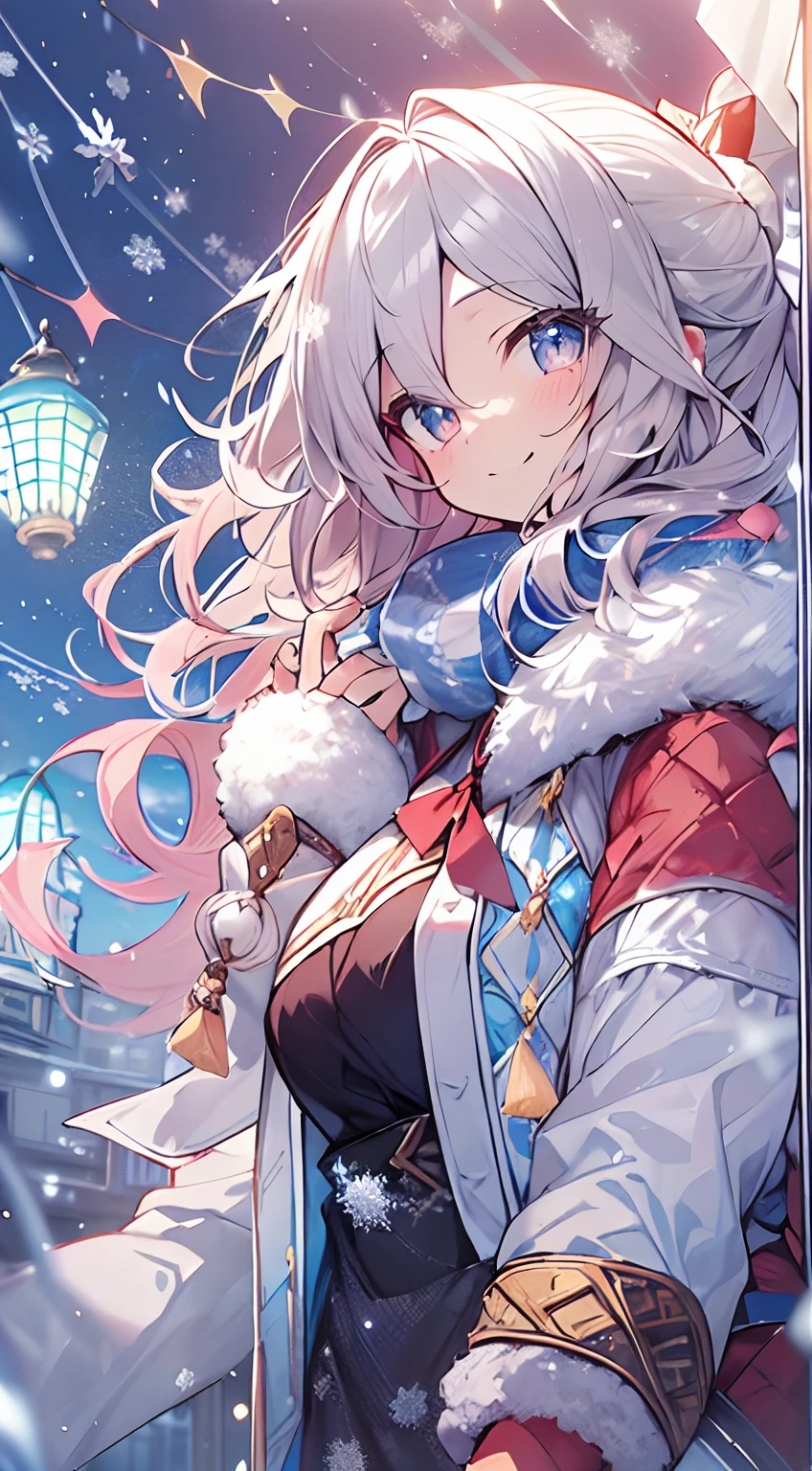 masutepiece, Best Quality,Illustration, Wallpaper, ultra -detail, Absurd beauty, 1beautiful girl、Bright hair color、Glitter and big eyes、Hair fluttering in the wind、ample breasts、♡、Smaller head、Winter scene、miscievous smile、bustup