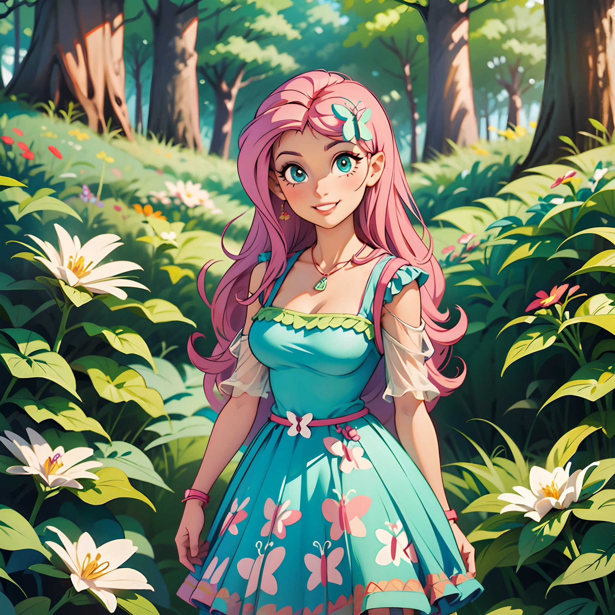fluttershy from equestria girls wearing a sexy dress posing with an adorable and tender smile, in a forest, lots of colorful flowers