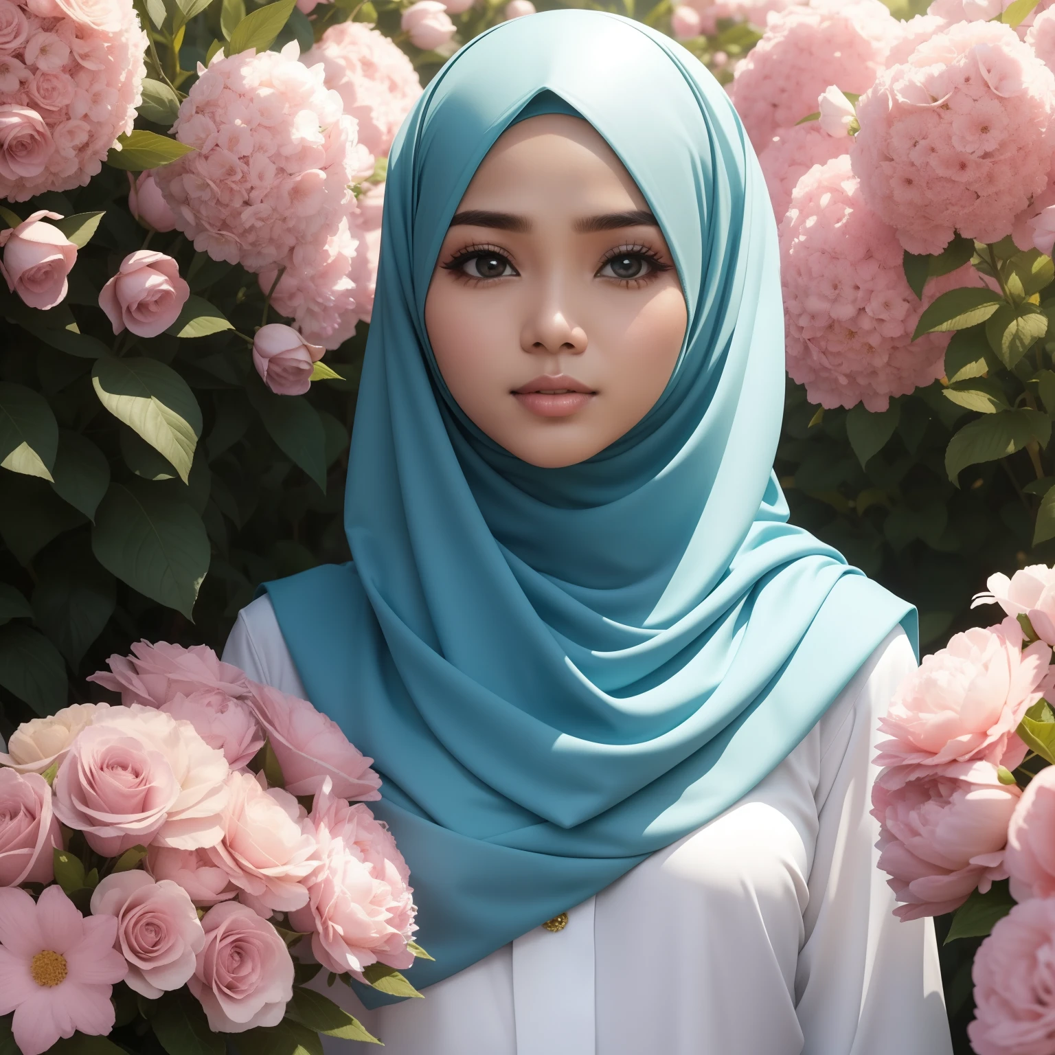 Wanita cantik menggunakan hijab, pemandangan bunga dan pegunungan